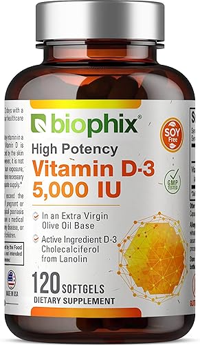 Vitamina D3 5000 UI cápsulas blandas 120 unidades (125 mcg) – Vitamina D-3 de alta potencia en aceite de oliva virgen extra sin OMG sin soja para