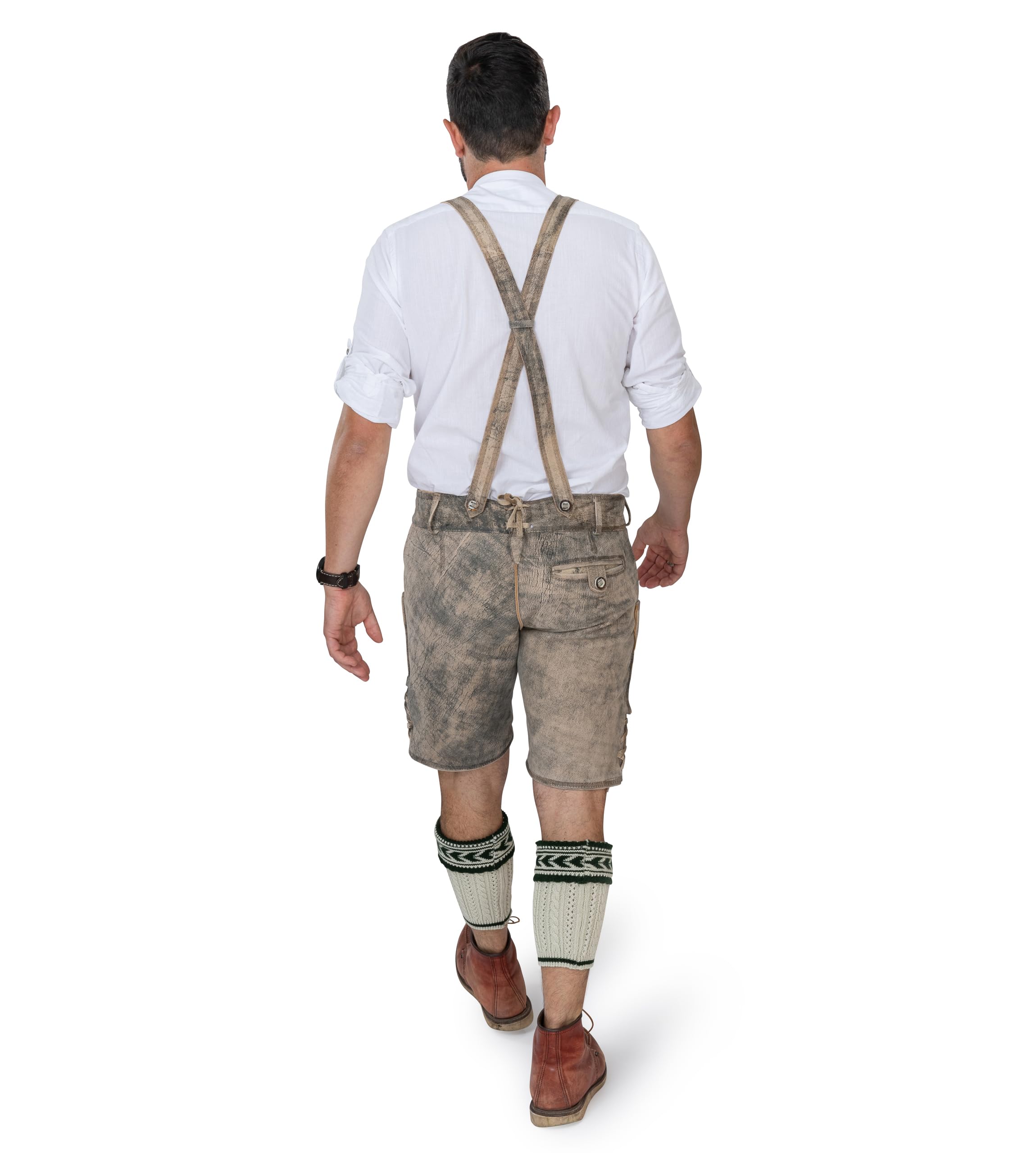 Schöneberger Trachten Couture Herren Lederhose kurz Antik, Nubuk Trachtenlederhose für Oktoberfest, Trachtenhose mit Hosenträger