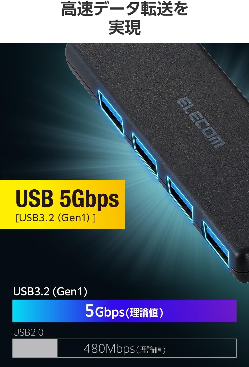 Elecom U3H-H043BK/E USB Hub, USB-A Connection, USB 3.2 (Gen1), 5 Gbps, 4 Ports, Bus Power, 23.6 inches (60 cm), Cable, Small and Lightweight Design, Black