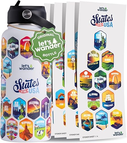 LET'S WANDER 50 States - Botella de agua con calcomanías impermeables, 32 onzas, de acero inoxidable aislado a prueba de fugas con pajilla, botella disponible en Yaxa Costa Rica