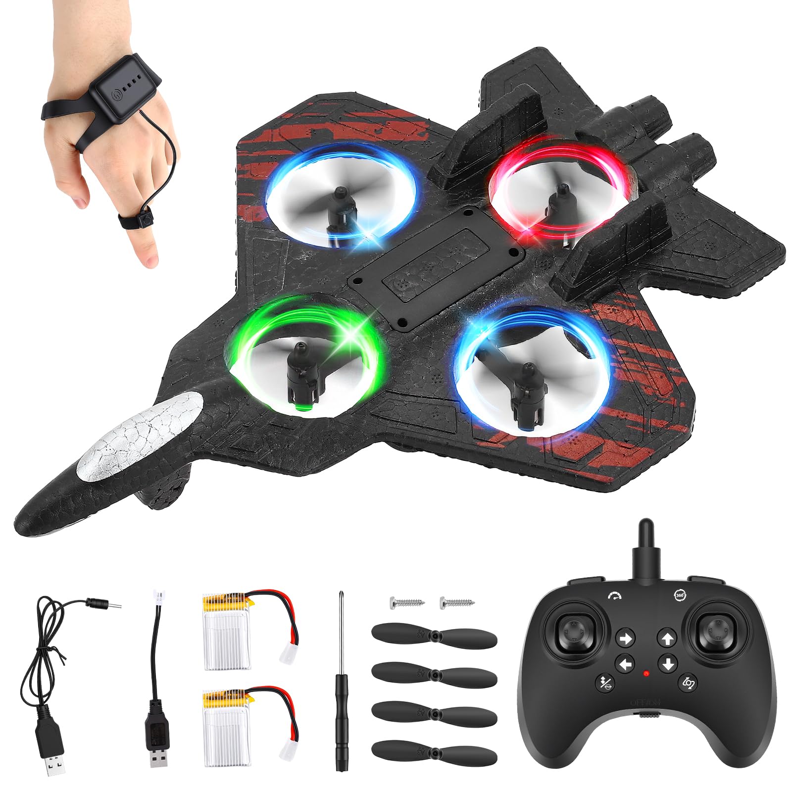 Avion Télécommandé, Double Contrôle (Télécommande & Commande au Poignet), RC Avion 360° Rotation, 3 Vitesses, avec Lumière LED et Hélice de Rechange, Avion Extérieur pour Enfants (Rouge)
