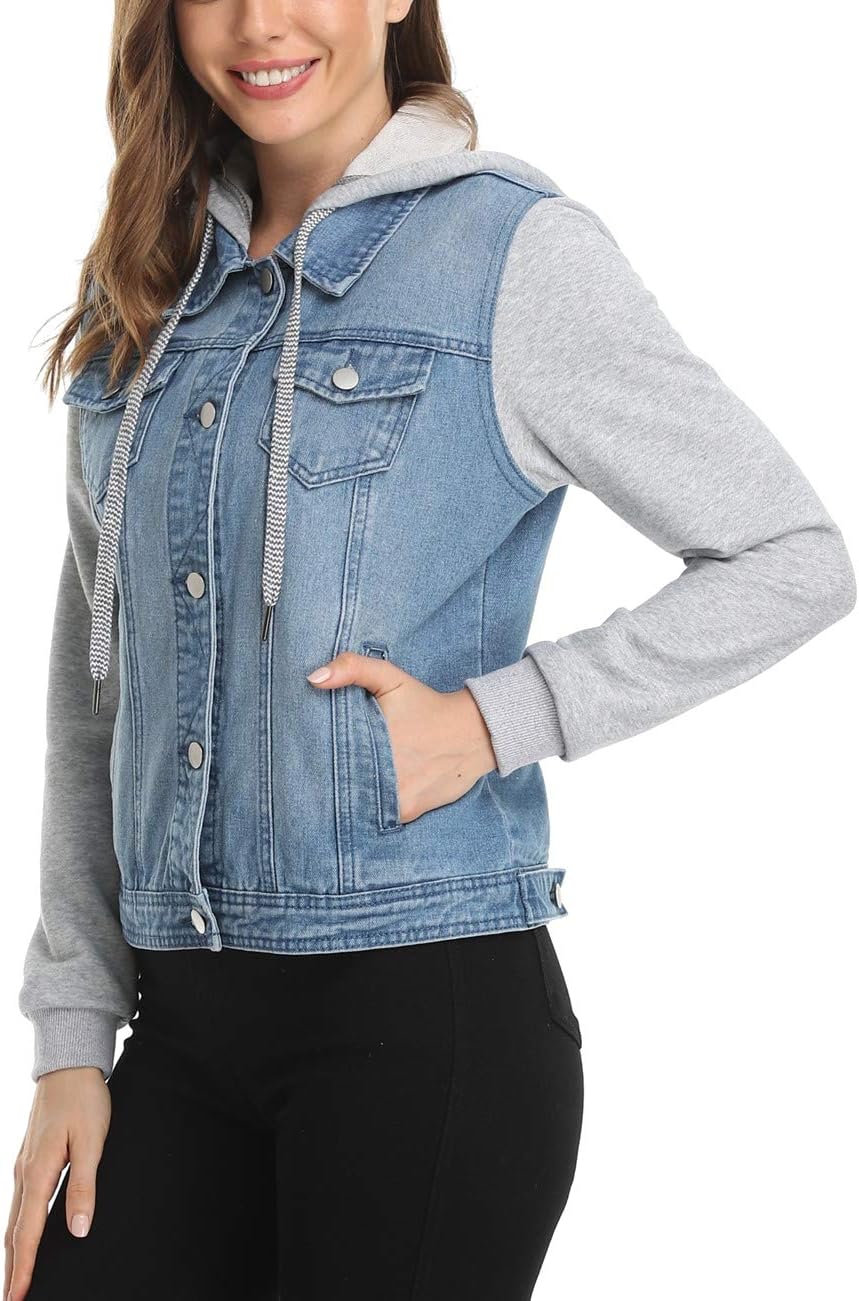 MISS MOLY Women's Hooded Jean Jacket Drawstring Layered Washed Long Sleeve Sweatshirt Hoodie Denim Jacket w 2 Pockets - Image 3