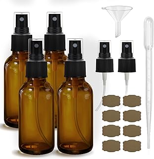 GIVAMEIHF 4 pcs Amber Glass Spray Bottles 2oz, Empty Small Spray Bottle Fine Mist Refillable Sprayer with Funnel Labels Dr...