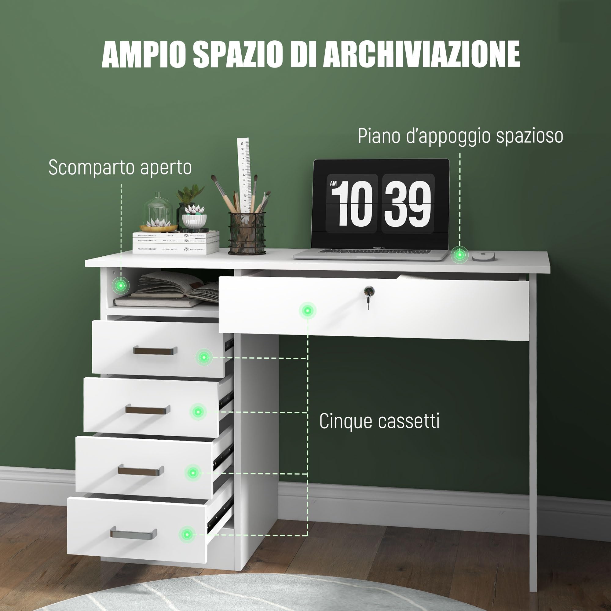 HOMCOM Scrivania Moderna con 5 Cassetti per Ufficio 110x50x76cm Bianco | Scomparto Aperto, Scrivania per Studio, Serratura con 2 Chiavi