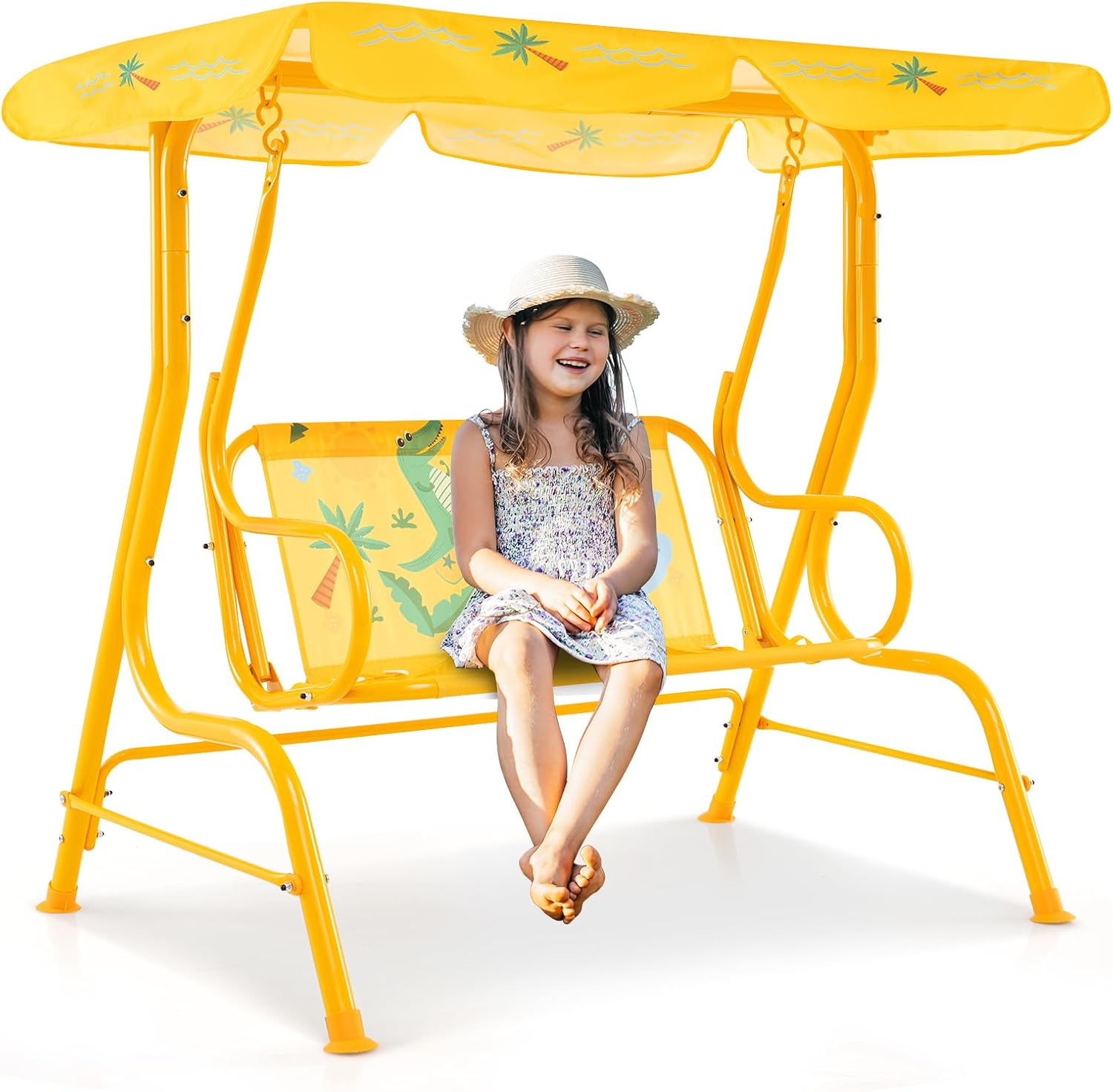 Fireflowery Kids Patio Swing, 2-Seater Outdoor Hanging Swing Bench w/Removable Canopy & Safety Belt, Porch Swing Lounge for Patio Garden Balcony Yard