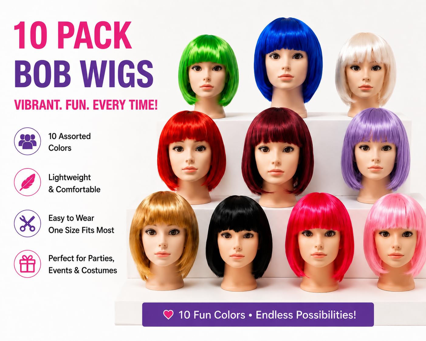 Easy Party 10 Pack Neon Colorful Short Bob Party Wigs With 10 Hair Nets Included For Women's Bachelorette Party, Costumes, Cosplay, Favors, Dress Up, Set of 10 Bright Colored Pieces