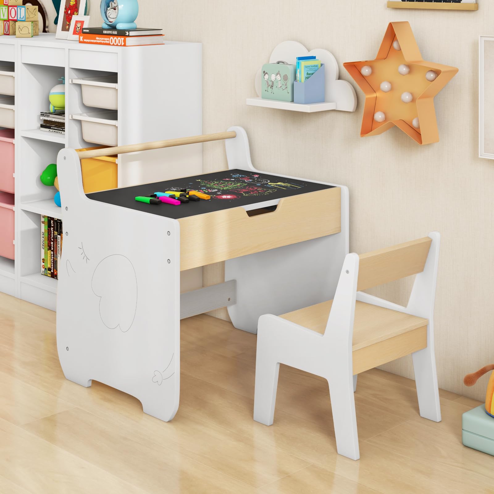 RELAX4LIFE Juego de mesa y silla 2 en 1 para niños, escritorio de madera con tablero extraíble de doble cara, amplio espacio de almacenamiento, diseño multifuncional para habitación de los niños