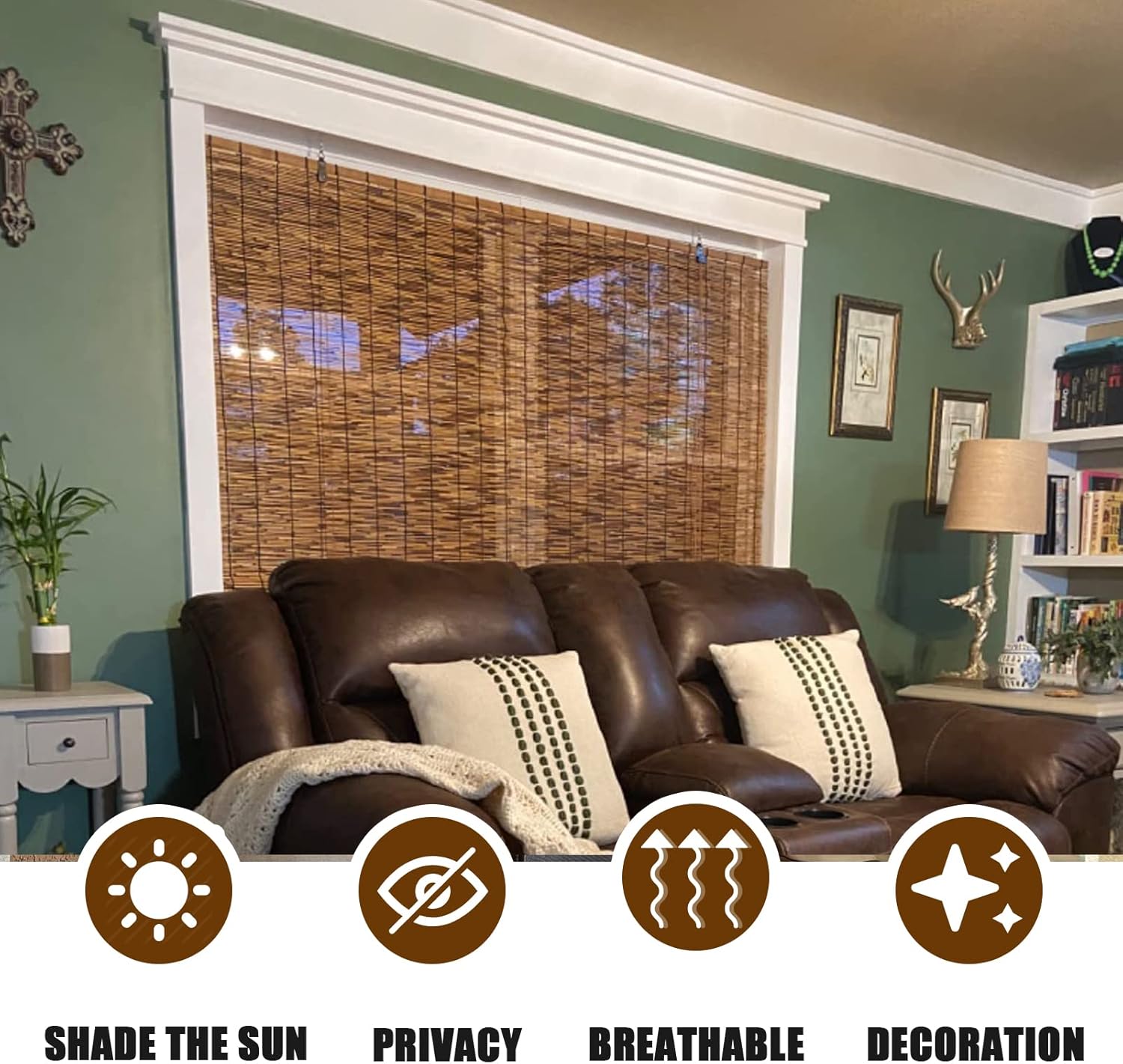 Retro Bamboo Roll Up Blinds Outdoor Reed Roller Blinds Privacy Bamboo Shades Blinds Reed Curtain for Garden/Porch/Patio, Easy Installation