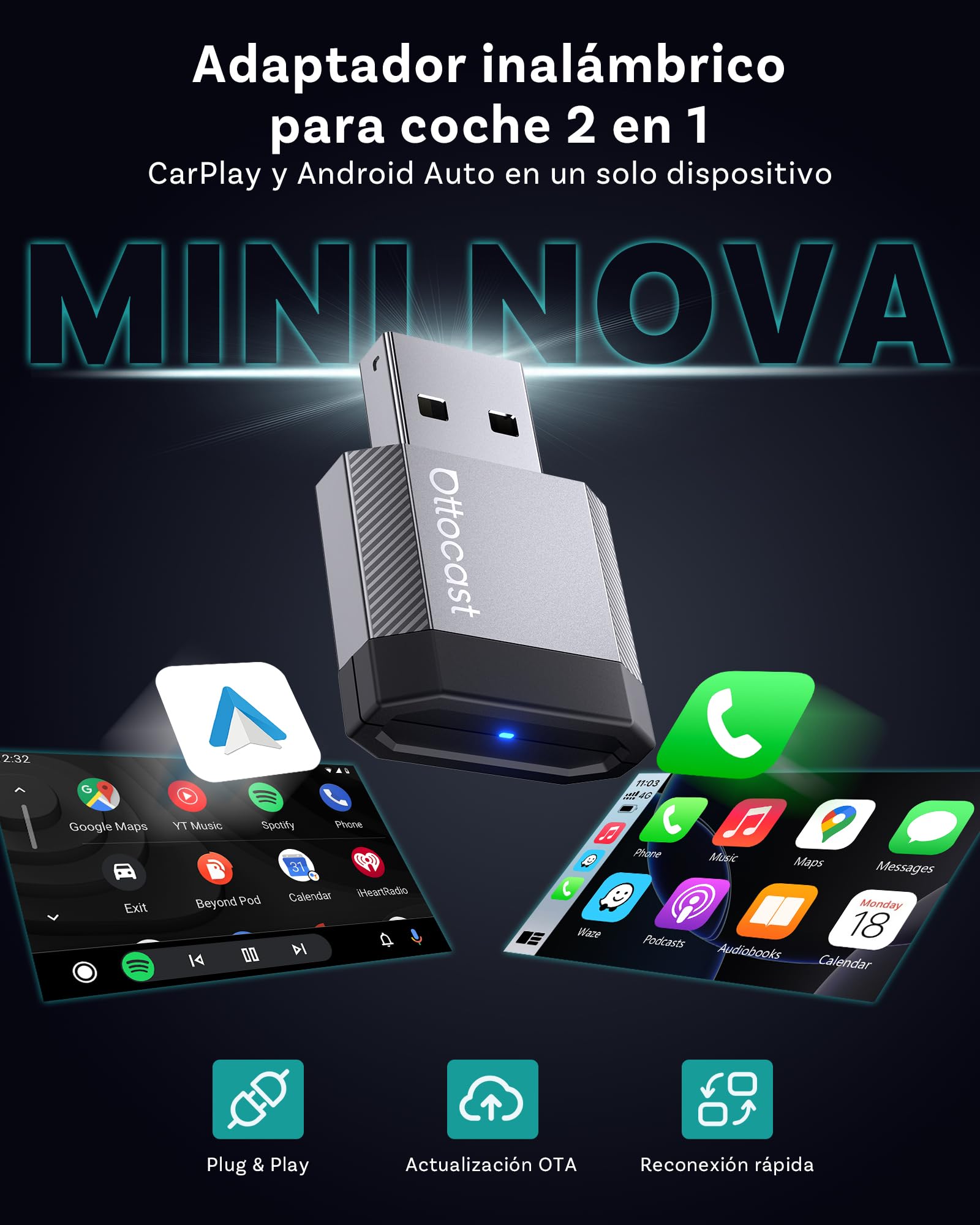 OTTOCAST Mini Nova 2026 Upgraded, Adaptador CarPlay Inalámbrico Android Auto, Diseño Aluminio Compacto, WiFi Doble Banda, Plug & Play USB, para Coches con CarPlay con Cable OEM Desde 2016