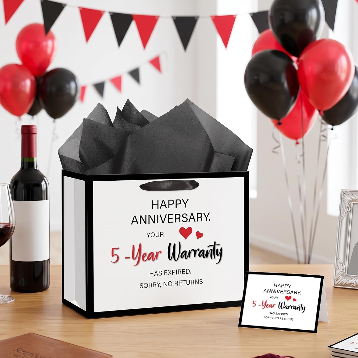 5 Year Anniversary Love Gift Bag for Men Women 5th Wedding Anniversary Funny Gift Bags with Marriage Anniversary Wrapping Paper Card Fifth Wood Anniversary Party Favors Decor Supplies Husband Wife Boyfriend Girlfriend image 5