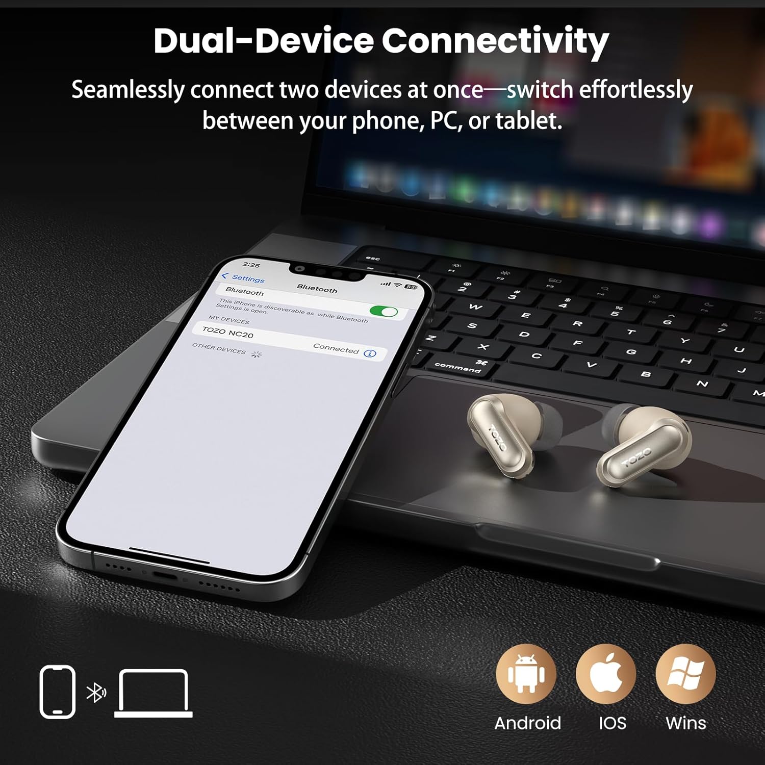 TOZO NC20 Active Noise Cancelling Wireless Earbuds, LDAC Hi-Res Sound Bluetooth Headphones, 6 Mics AI Call Ear Buds 80H Playtime, Dual Pairing, 32 EQ via App, IPX8 Waterproof, Wireless Charging Case - Image 7