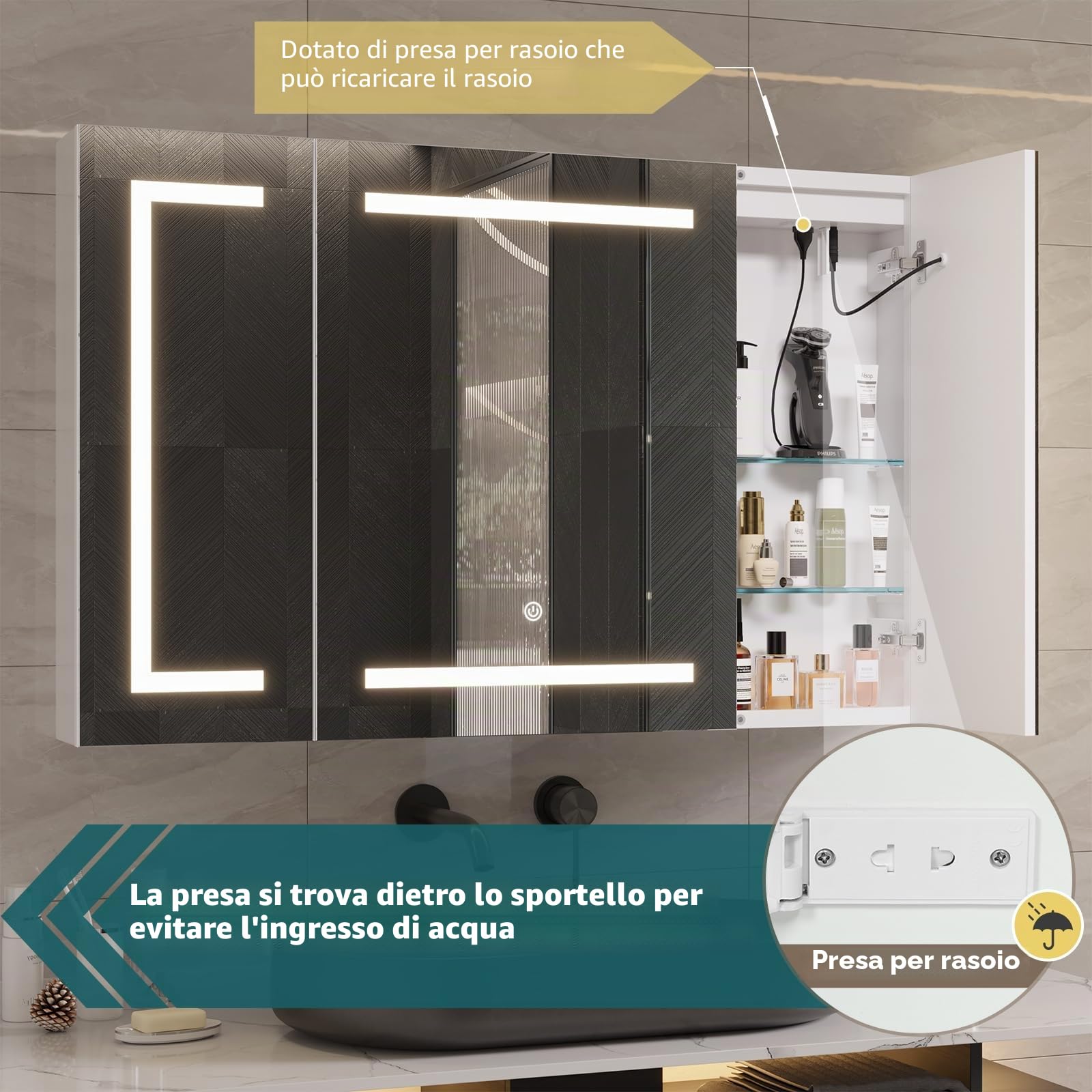 DICTAC Specchio Bagno Contenitore con luce e Presa 100x60x13,5 cm Mobile a Specchio Bagno con illuminazione Led Tre Ante Armadietto a specchio da bagno con Ripiano,in Metallo,Bianco