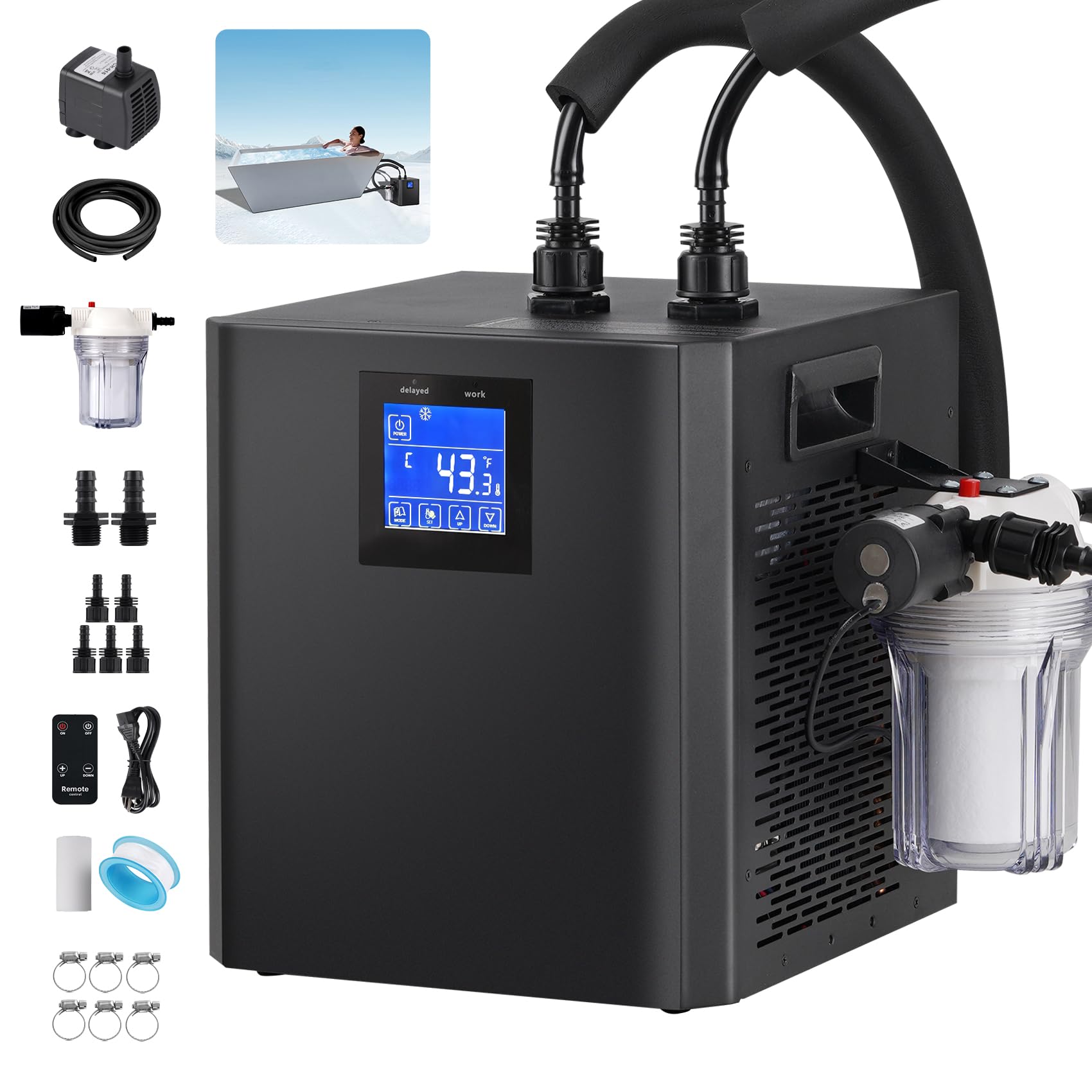 ice bath water chiller, 1/3hp cold plunge chiller with external filter, filter pad, and pump, remote control water chiller, for home and professional use