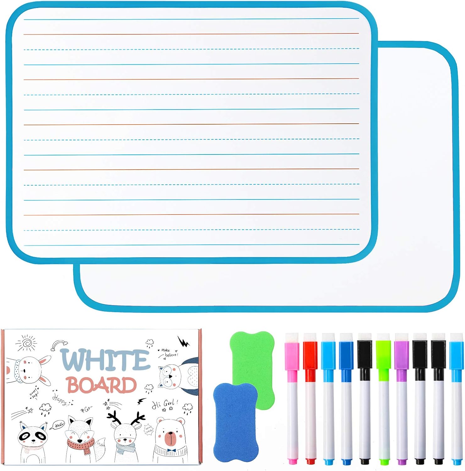 Chrider Dry Erase Board for Kids (Set of 2, 12"x9"x0.24"), Kids Lined Magnetic Dry Erase Board for Learning Writing, 10 Markers, Double-Sided, 2Eraser, for Children Learning (Blue)