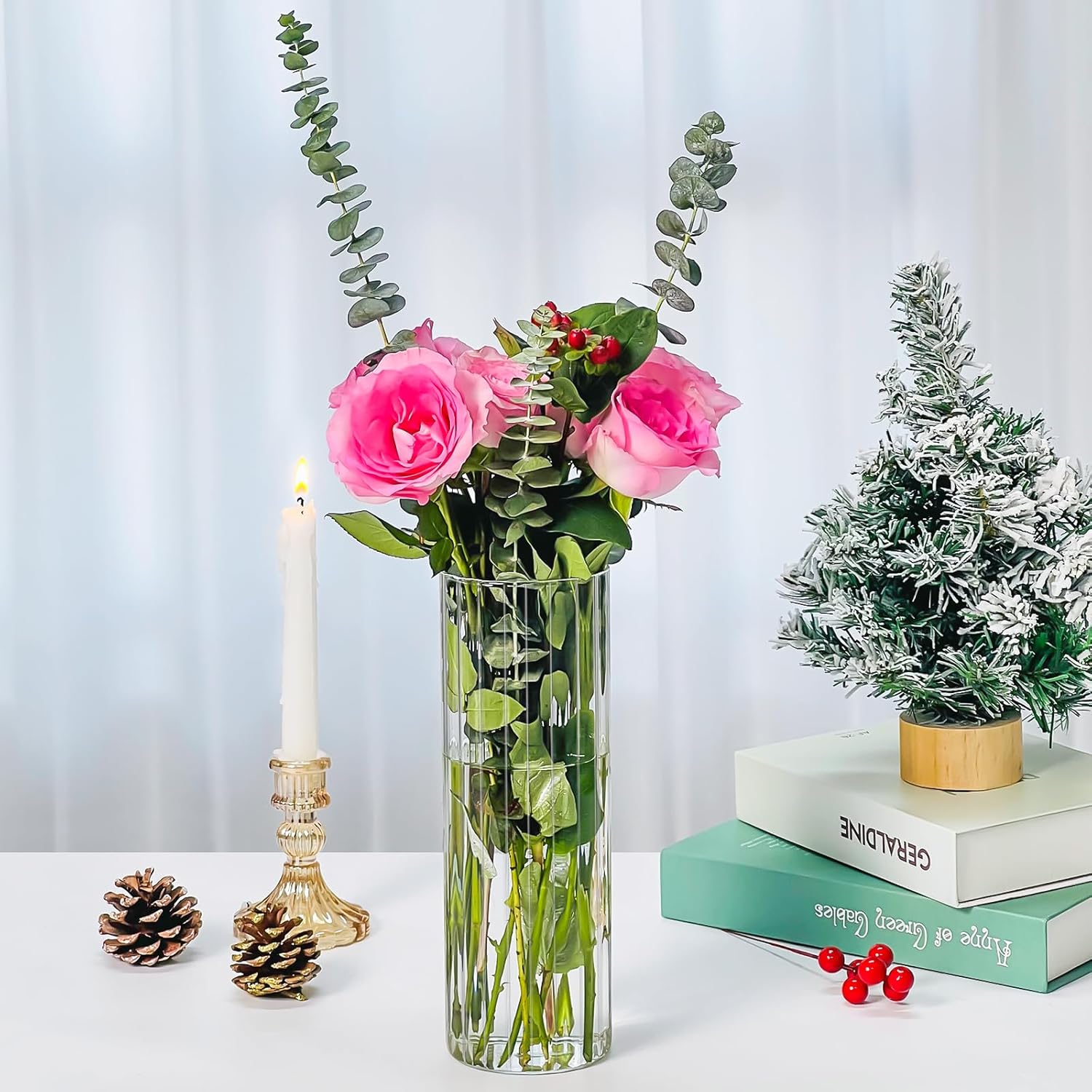 6 Pcs Glass Cylinder Vases, 12 Inch Tall Clear Ribbed Glass Vases for Centerpieces, Flower Vases for Wedding Decoration, Hurricane Floating Candle Holder for Table Shelf Party Home Decor