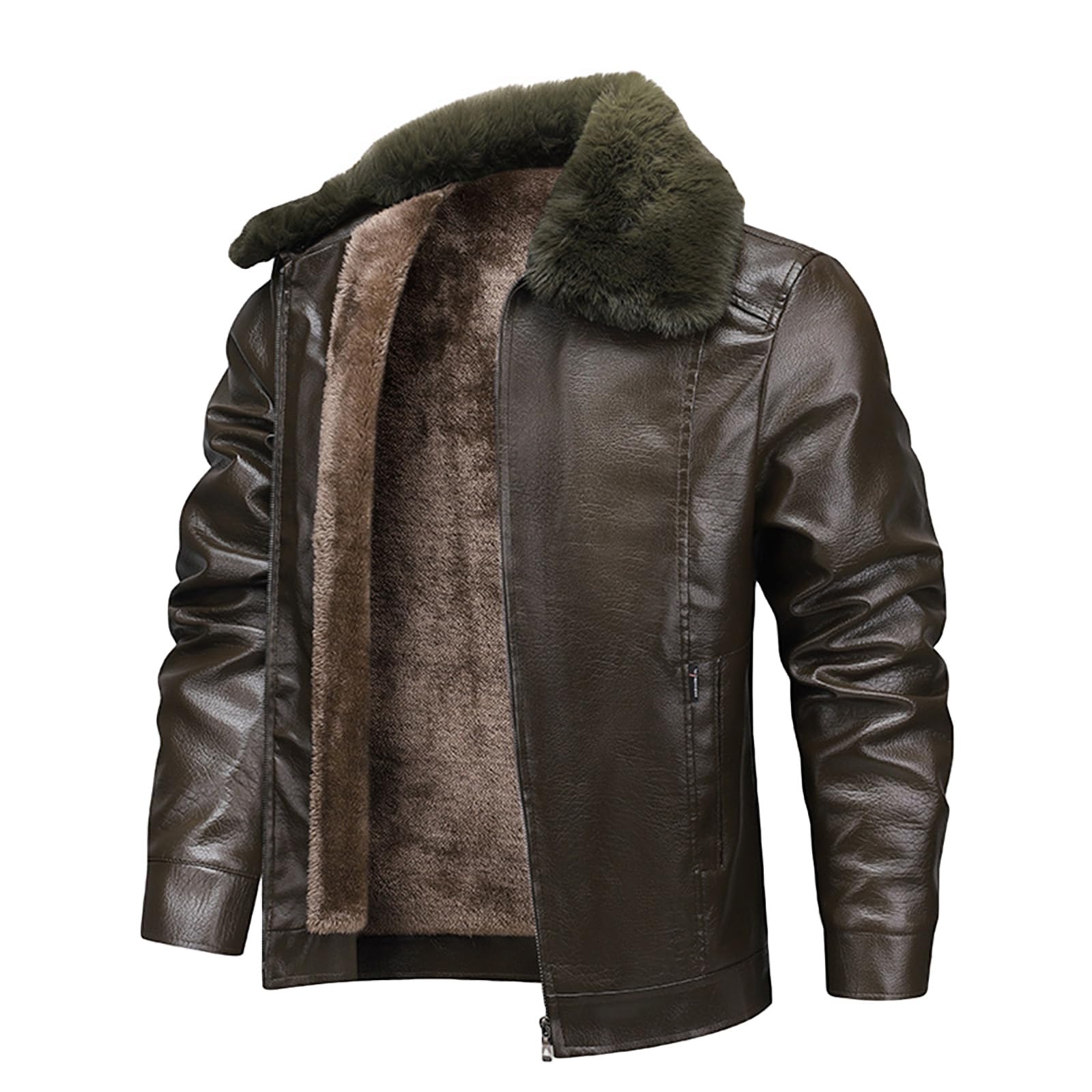SOOUICKER Lederjacke Herren Winter Gefüttert Bomberjacke Fell Kunstleder Winterjacke Leder Warm Motorradjacke Vintage Fliegerjacke mit Fellkragen Hemdjacke Reißverschluss Elegant