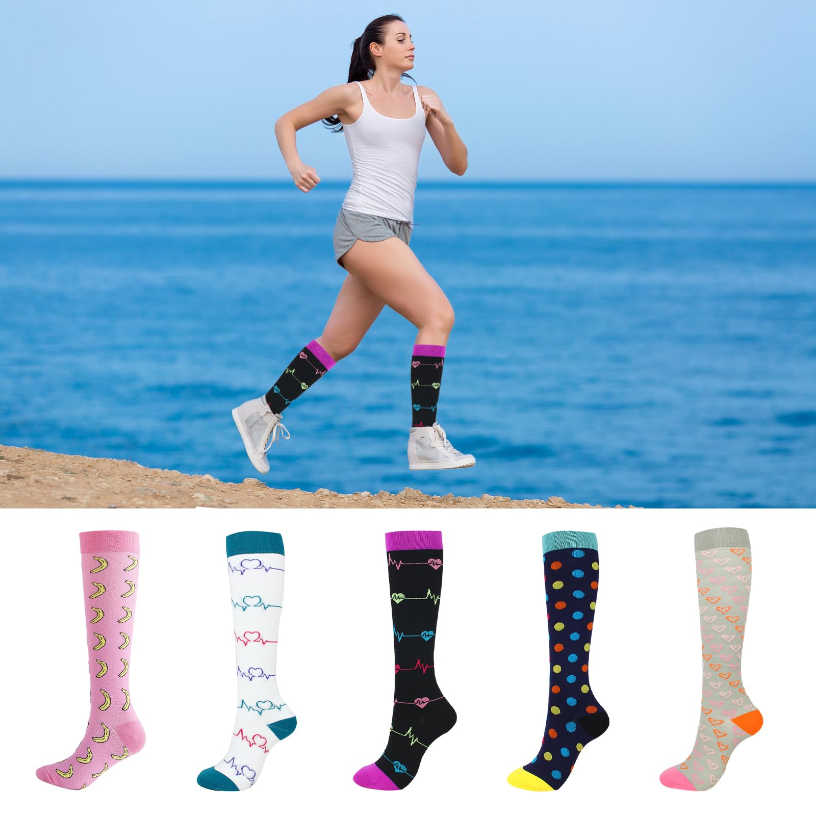 Lot de 5 paires de chaussettes de compression pour homme et femme - Chaussettes de contention sportives colorées - Chaussettes de compression - Respirantes - Pour la course, le cyclisme et les voyages