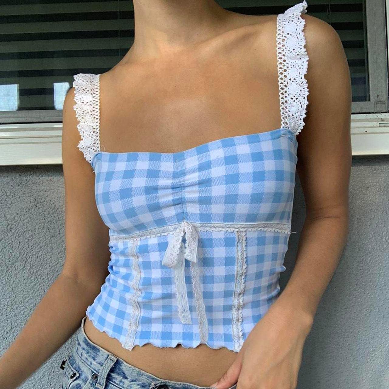 Womens Y2k Tank Top Cami Lace Trim Spaghetti Strap Camisole Square Neck Plaid Print Sleeveless Crop Tops Fairycore - Image 7