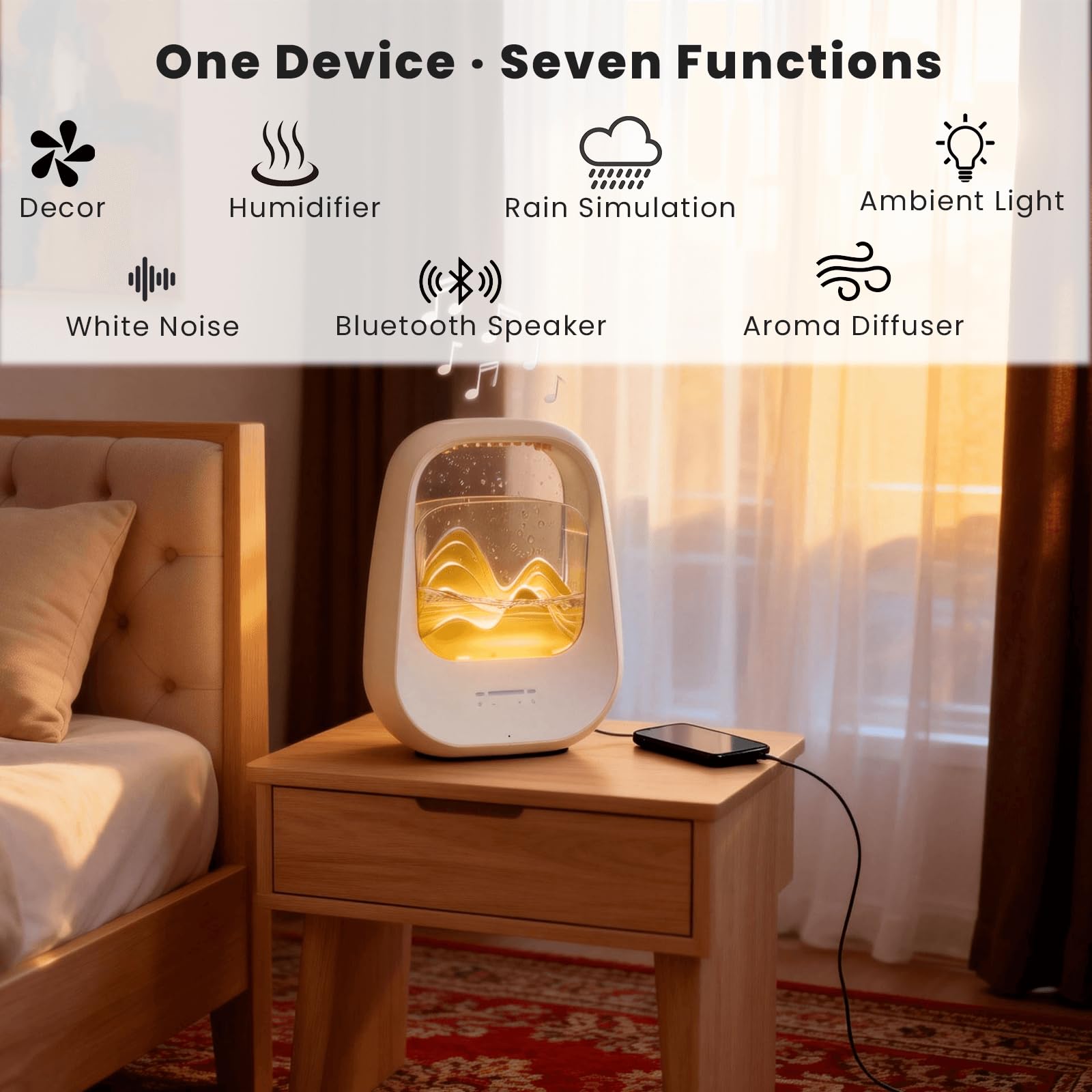 Rain Drop - Macchina per il rumore bianco con suoni realistici della pioggia, umidificatore per terapia del sonno, altoparlante Bluetooth, luce ambientale e diffusore di aromi per camera da letto