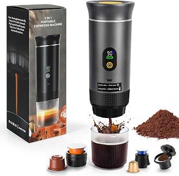 3-in-1 Portable Electric Espresso Machine, with LED Display, Self-Heating, USB-C, Electric Travel Coffee Maker, Compatible with Big&Small Capsules/Ground Coffee, For Camping, RV, Office, Gray