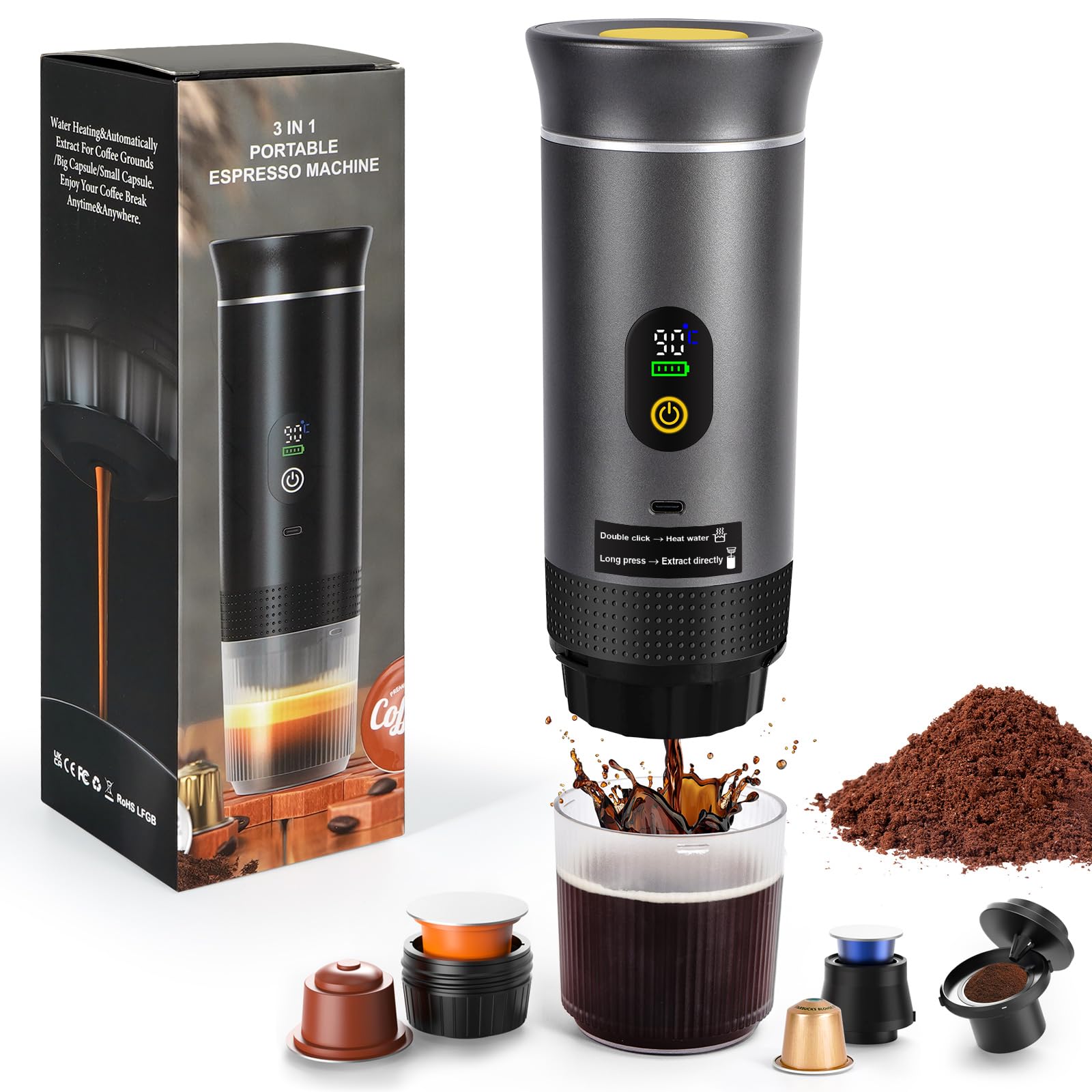 LAMA Cafetera Portátil Eléctrica de Cápsulas Compatible con Cápsulas de Café y Café en Polvo, Calentamiento Instantáneo, Mini Cafetera para Camping, Coche, Viaje, Gris