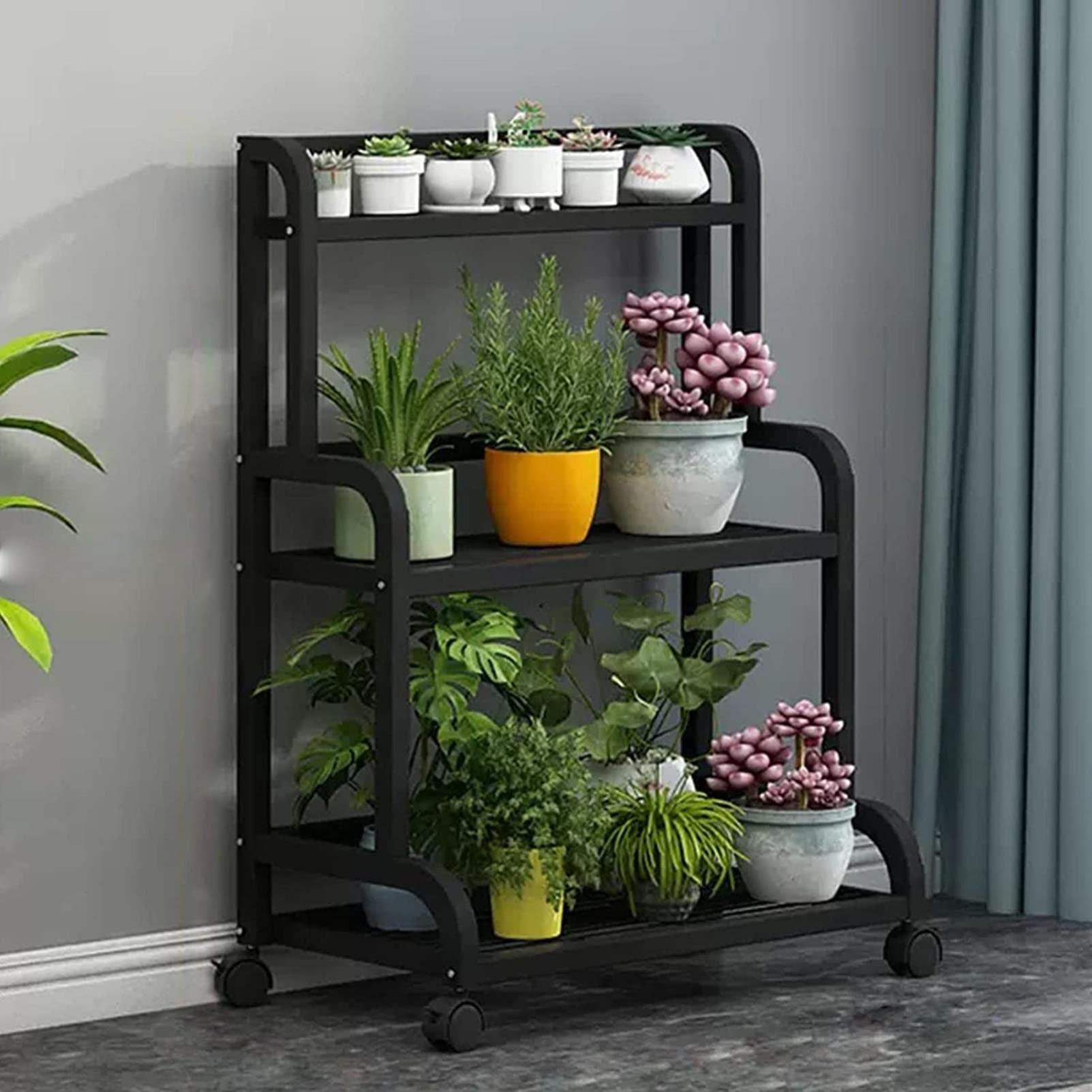Supporto per piante in metallo a 3 ripiani per interni ed esterni, per esposizione di vasi da fiori, scala da giardino, fiore, mofesun (quarto tondo