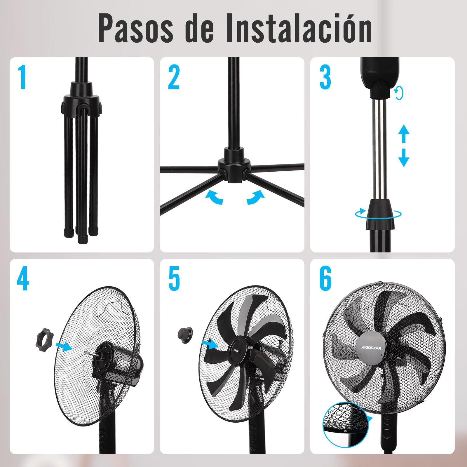Aigostar Ventilador de Pie con 7 aspas, 50W, diámetro 41 cm. Ventilador de pie silencioso oscilante 75°, 3 Velocidades y altura ajustable 108-125cm. Silencioso para dormir. Color Negro. Elsie