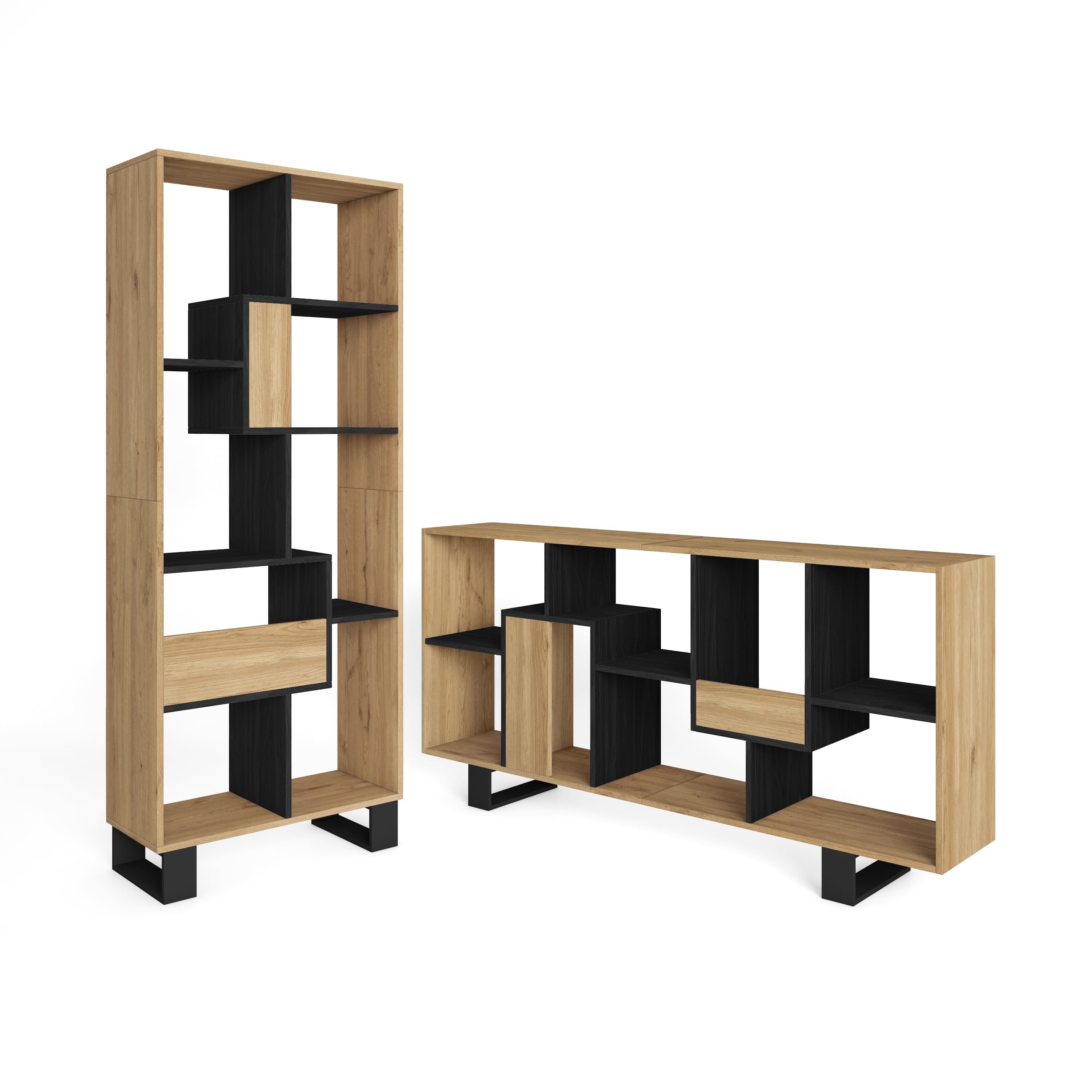 Skraut Home | Libreria scaffale | Scaffali in legno a ripiani | 174x67x31cm | Design industriale | Stile moderno | Rovere e nero