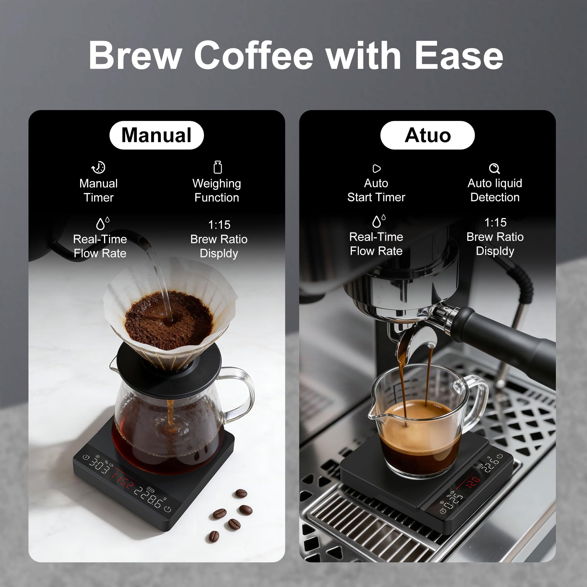 Báscula de café, mini báscula de espresso con temporizador, báscula de cocina de metal con sincronización automática, proporciones y visualización de caudal, grado barista para verter, espresso