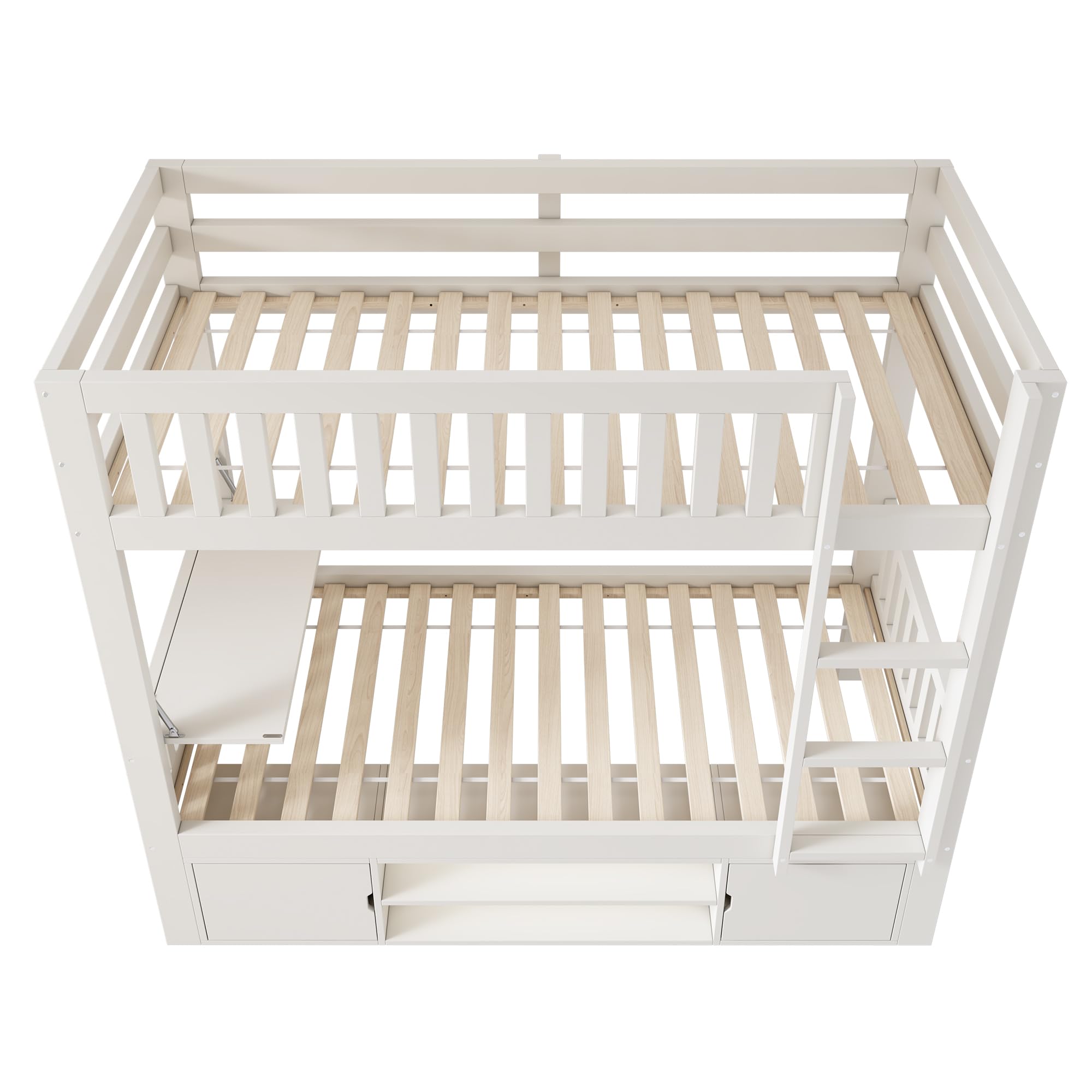 SACOOL Cama alta infantil blanca de 90 × 200 cm con tablero plegable y zapatero integrado, somier, solución todo en uno, certificado EN 747, sin colchón, color blanco