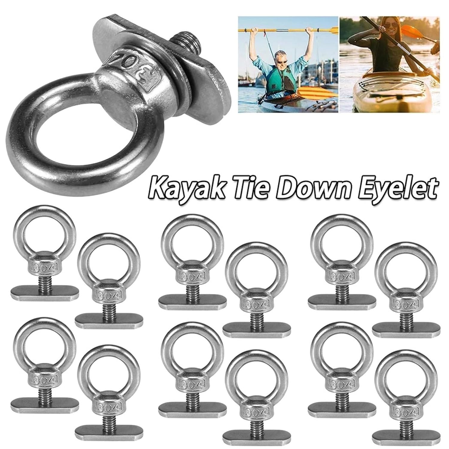 Kayak Rail Eyebolts Stainless Steel Track Mount Kayak Tie Down Eyelet Up Eye Bolt for Bungee Cord Rope Ideal for Fishing/Recreational Kayaks.(20PCS)