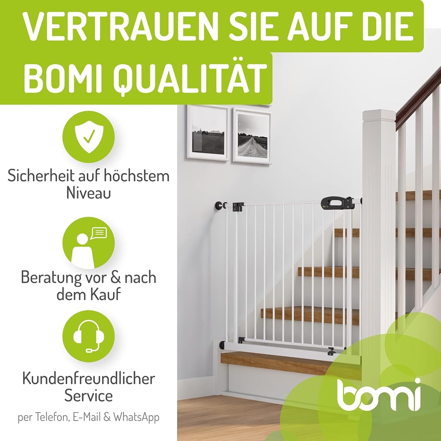 BOMI TÜV GS Siegel Kindertreppen Gitter XXL Merle | Ohne Bohren | 90° Stop | Schließt automatisch | Türschutzgitter weiß Metall | Treppenschutzgitter Türgitter Klemmgitter | Breite: 111-119 cm