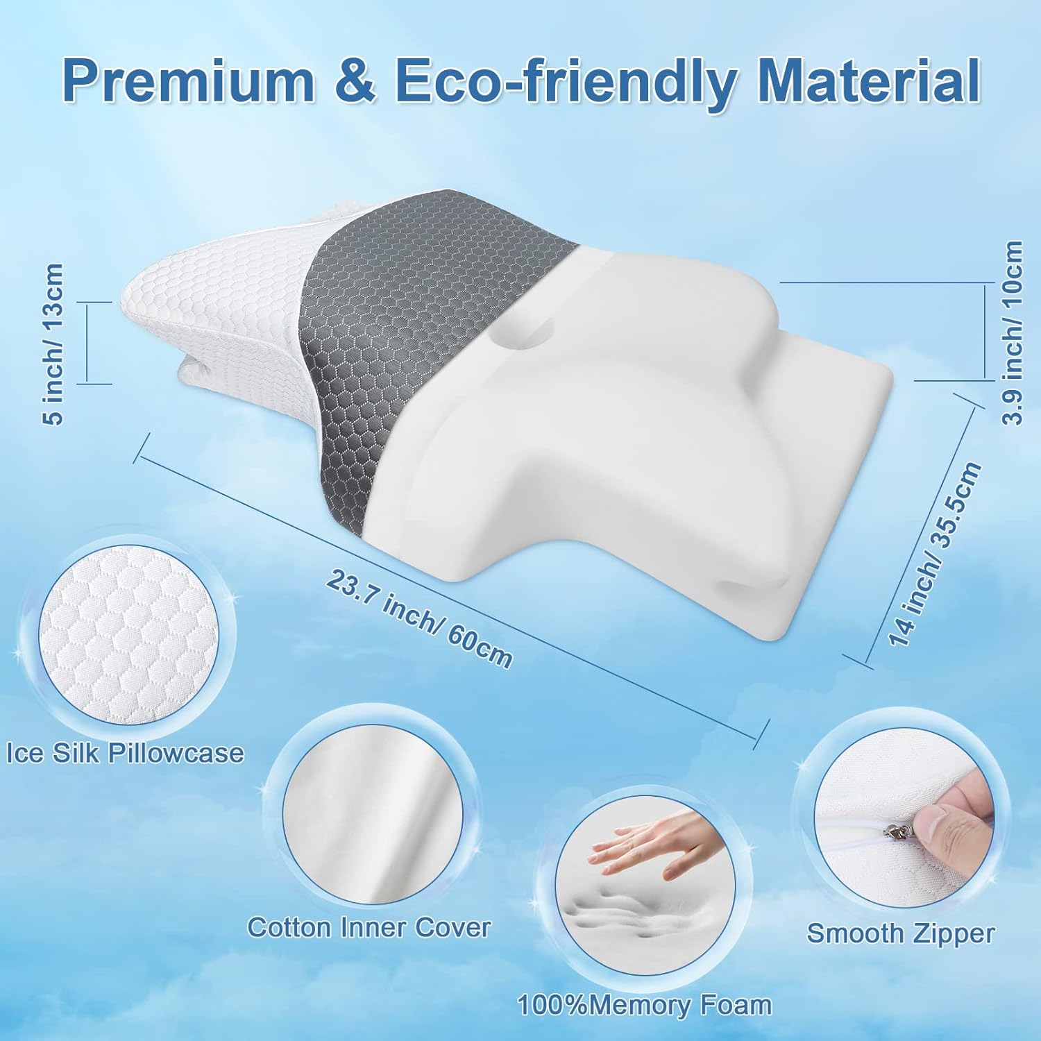 SAHEYER Neck Pillow, Slow Rebound Memory Foam Side Sleeper Pillow, 2 in 1 Ergonomic Pillow for Neck and Shoulder, Neck Support Pillow for Side Back Stomach Sleepers (Light Gray)