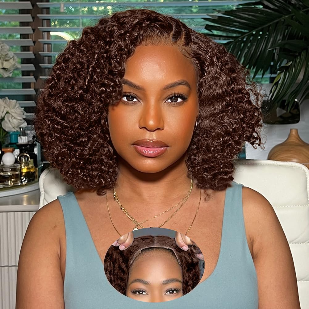 FABA 12 Inch Chocolate Brown Curly Wig Human Hair 7x5 Glueless Wigs Human Hair Pre Plucked Pre Cut 200% Density Brown Deep Wave Wig For Women #4 Short Curly Bob Wigs