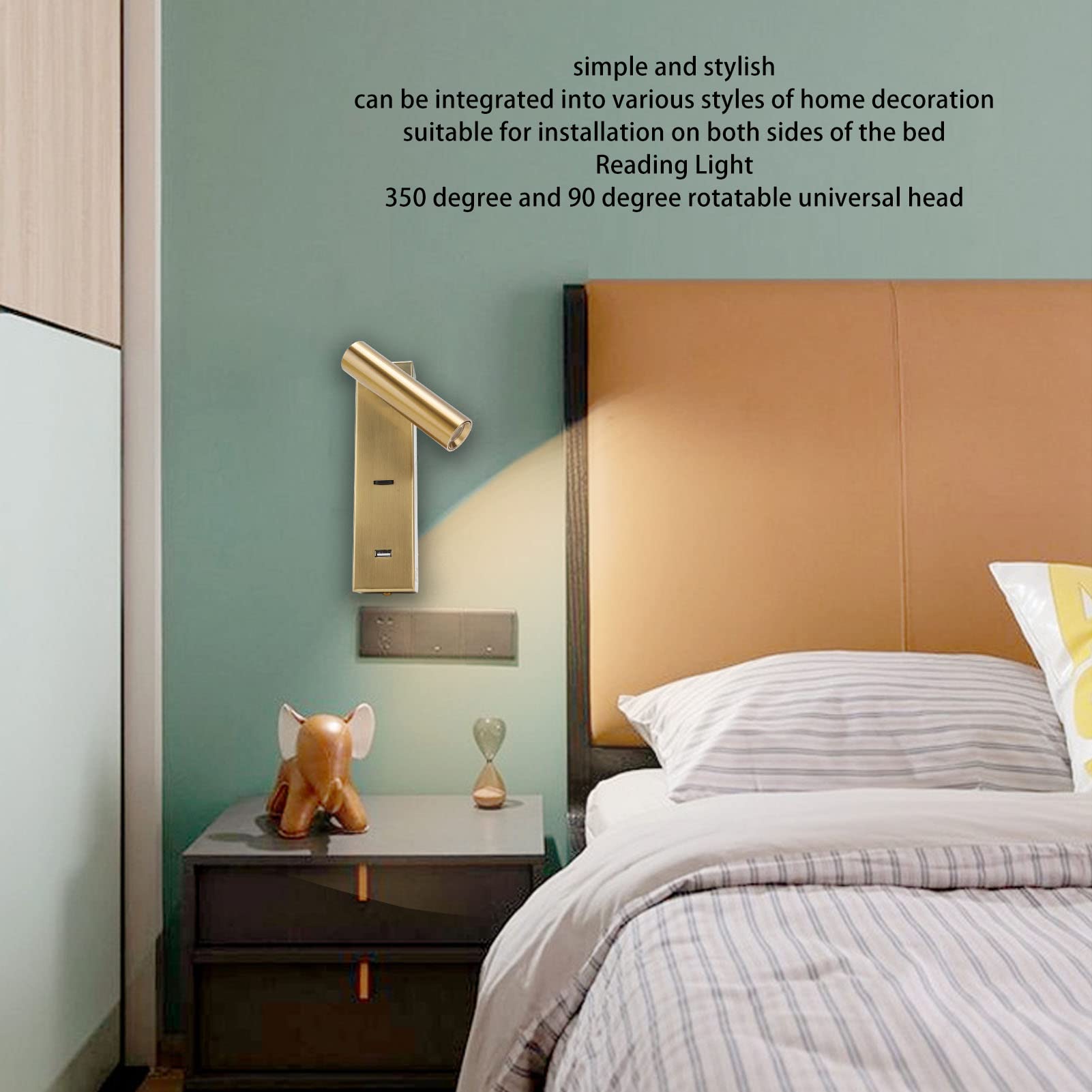 Aramox Luz de Lectura LED Montada en la Pared Lámpara de Pared LED de Aleación de Aluminio con Cabezal Ajustable de 350 Grados y 90 Grados Puerto USB 5V 2A para Dormitorio Junto a la Cama del Hotel