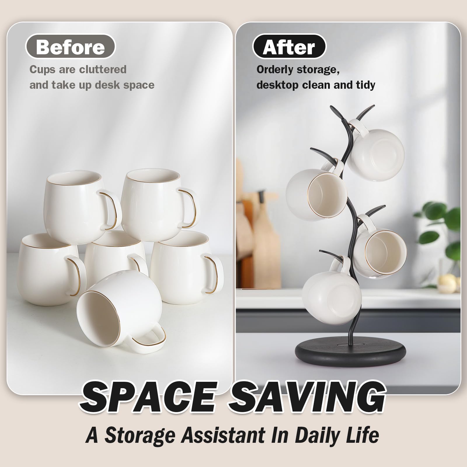 BOOKZON Mug Holder – Countertop Mug Tree For Coffee Cup Storage, Midnight Black Kitchen Organizer