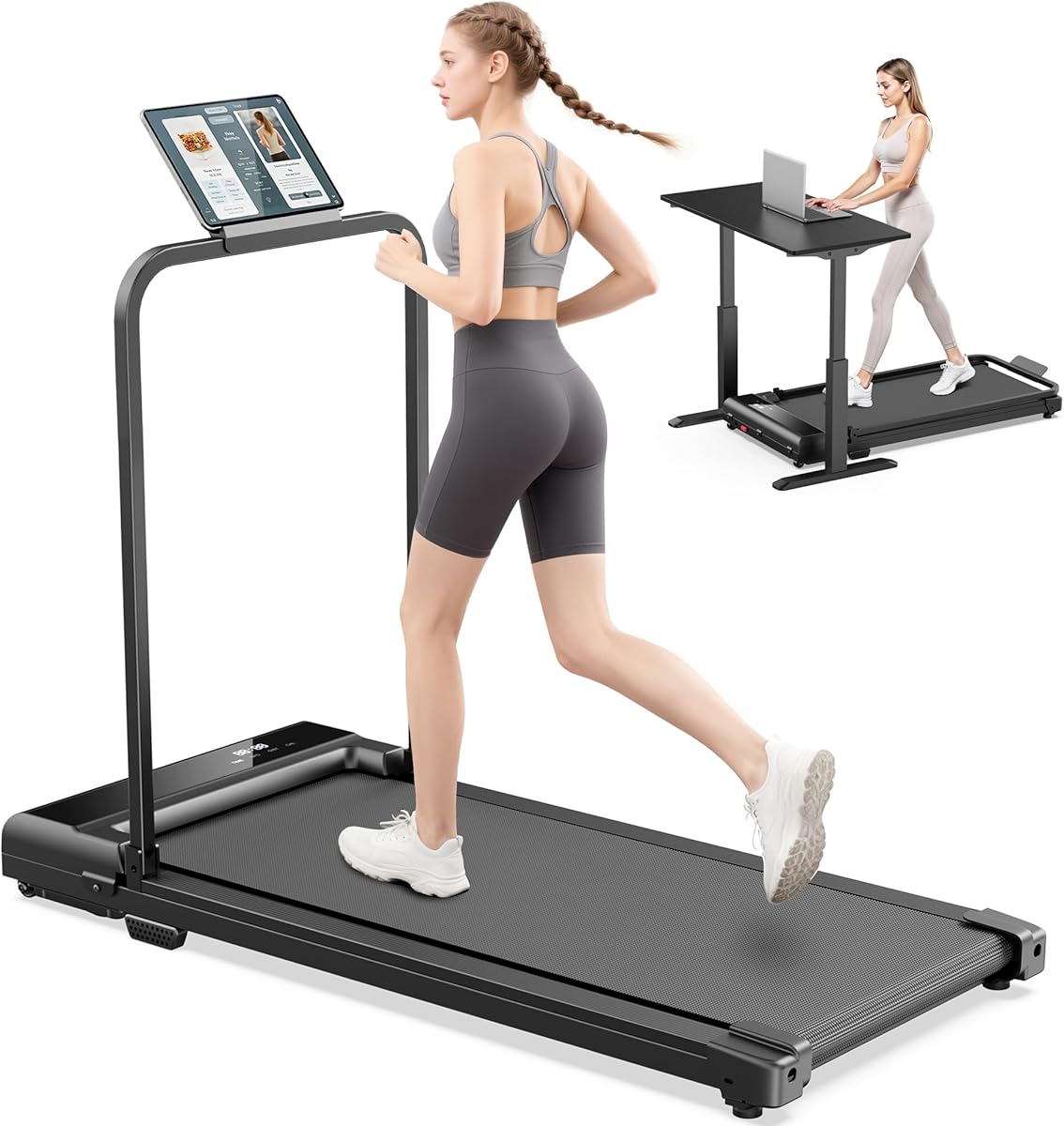 Laufband für Zuhause Walking Pad Klappbar - Treadmill for Home 6km/H, Schreibtisch Laufpad unter Dem Mini Leise mit 90° Tablet Holder, 4 in 1 LED klein Gehband laufbänder Ohne Steigung Max 110kg