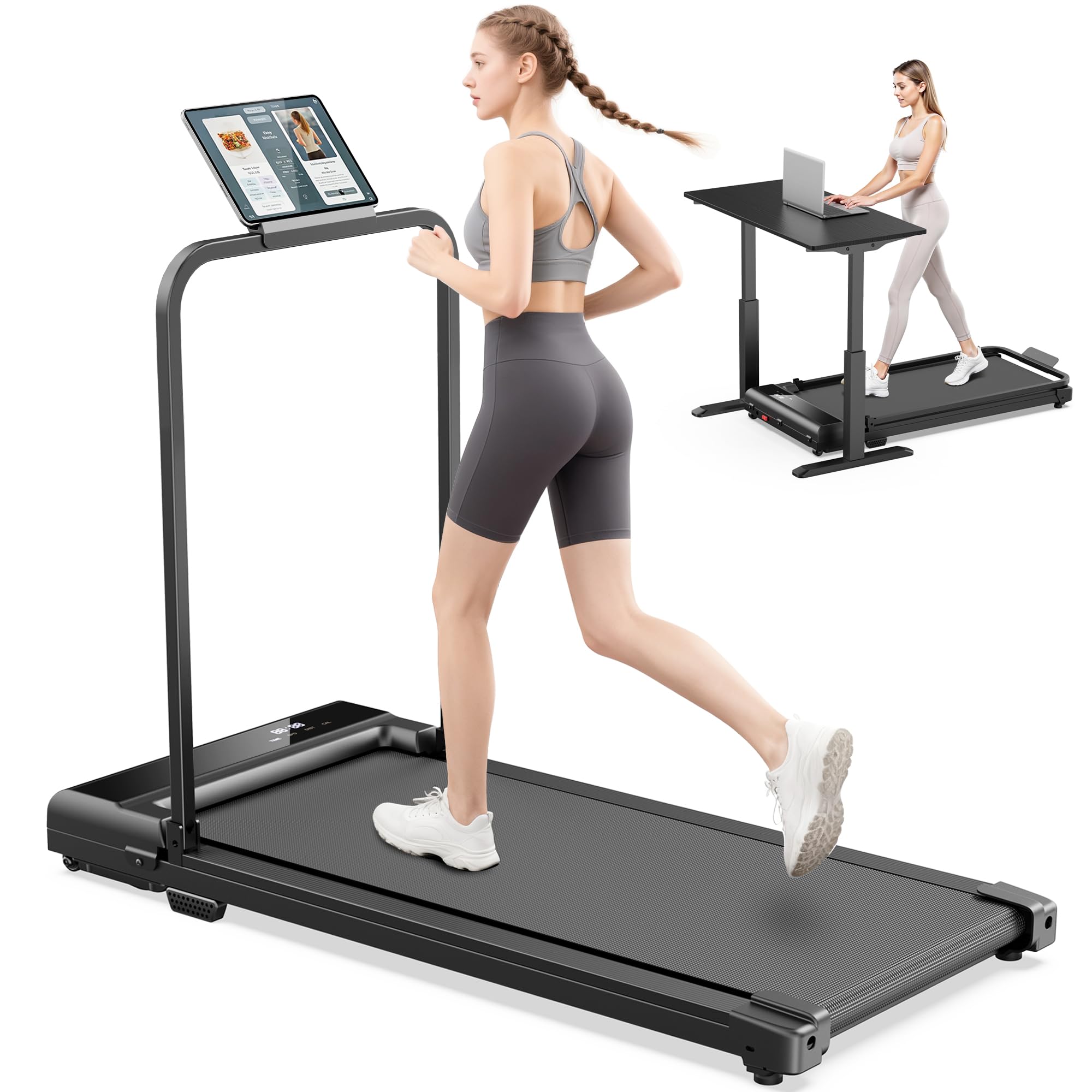 Tapis de Marche Course Pliable - Walking Pad, Treadmill Roulant de Sport Portable Petit Electrique Motorise avec Télécom, 4 en 1 LED et 90° Tablet Holder for Bureau Home Fitness 110kg Max