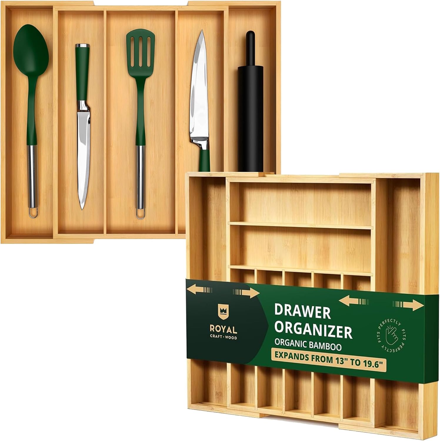 ROYAL CRAFT WOOD Luxury Bamboo Kitchen Drawer Organizer - Silverware and Utensil Organizer, 9 and 5 Slot
