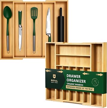 ROYAL CRAFT WOOD Luxury Bamboo Kitchen Drawer Organizer - Silverware and Utensil Organizer, 9 and 5 Slot