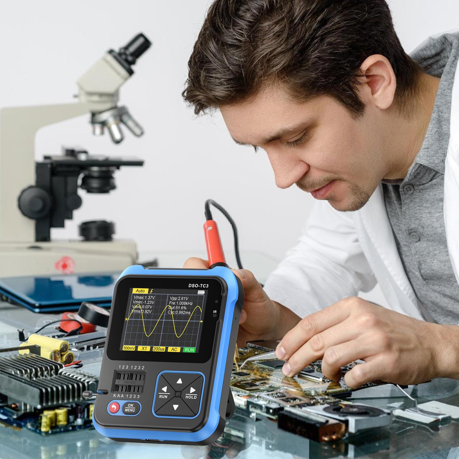 DSO-TC3 Oszilloskop, 3 in 1 Digitales Handoszilloskop Multimeter Tragbares Transistortester Oszilloskope Signalgenerator 500kHz Bandbreite, ESR-Tester LCR-Widerstands-Zähler mit 2.4'' Tft Display