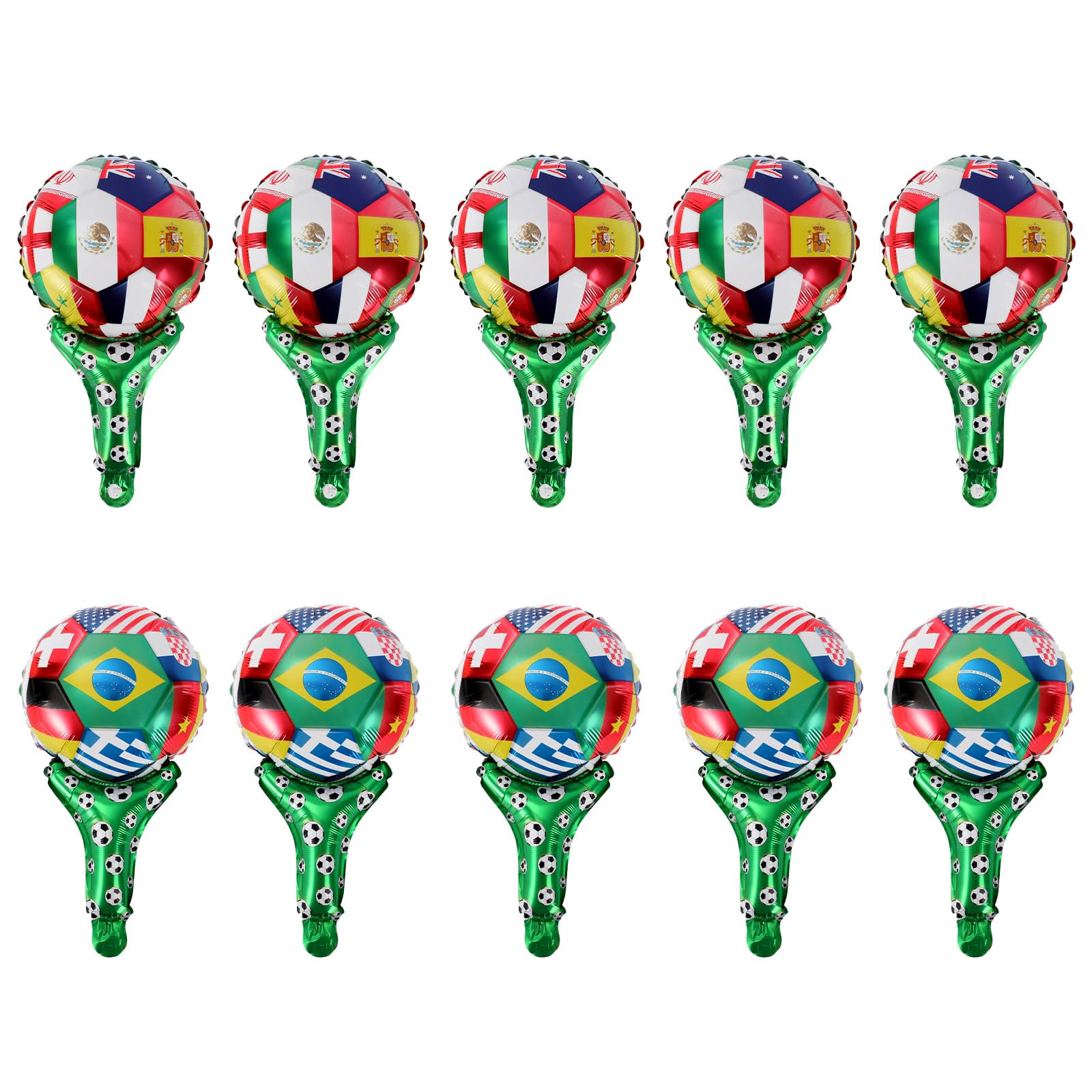 Fukaisu 10pcs Football Cheer Stick Balloons, Multi-Country Flags First Prize Soccer Foil Balloon Stick for Football Party Decorations Sport Theme Birthday & Sports Event Cheering Supplies