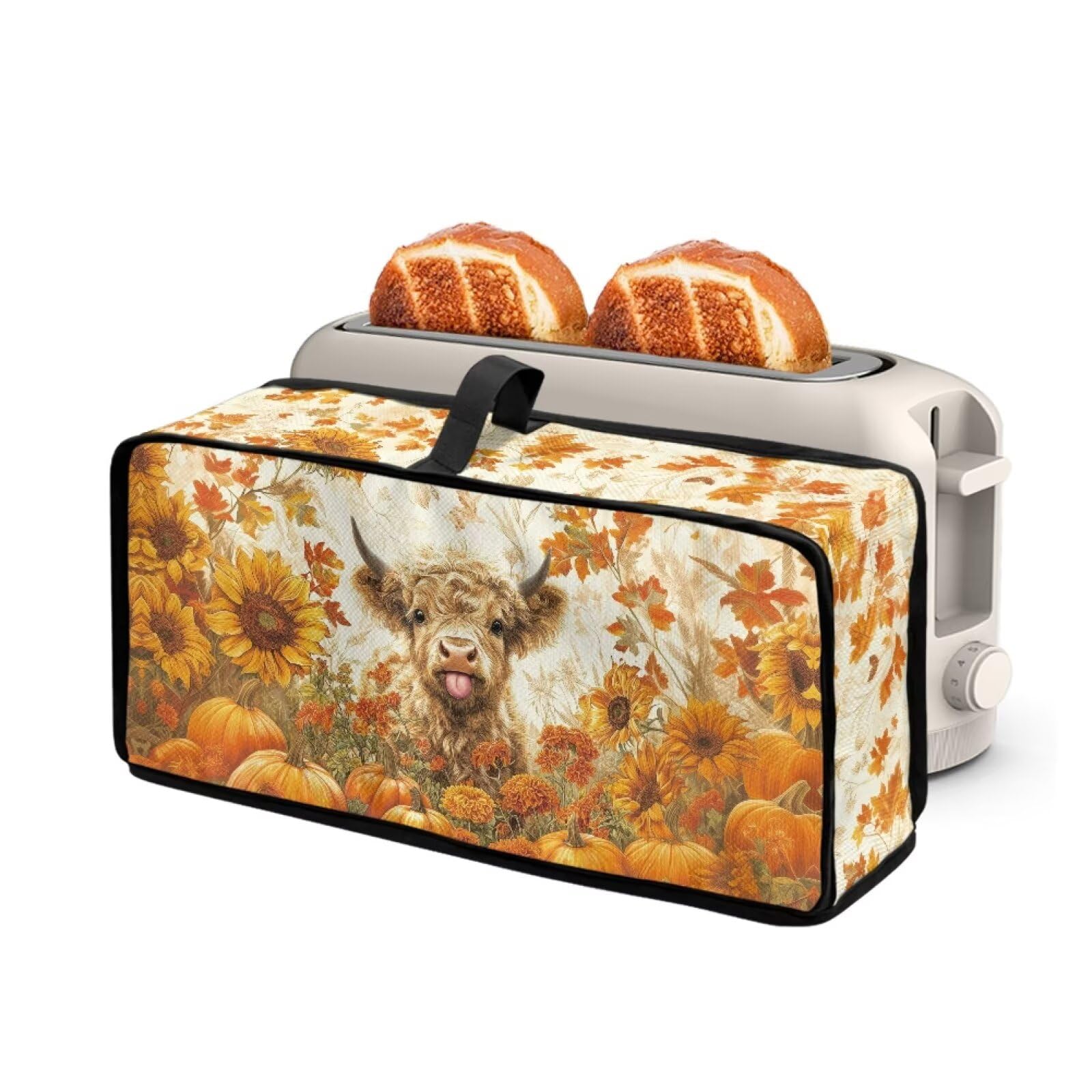 Maple Leaf Highland Cow Slim Toaster Cover with Top Handle Bread Maker Oven Machine Cover Compatible with 2 Slice Long Slot Toaster Thanksgiving Day Decor