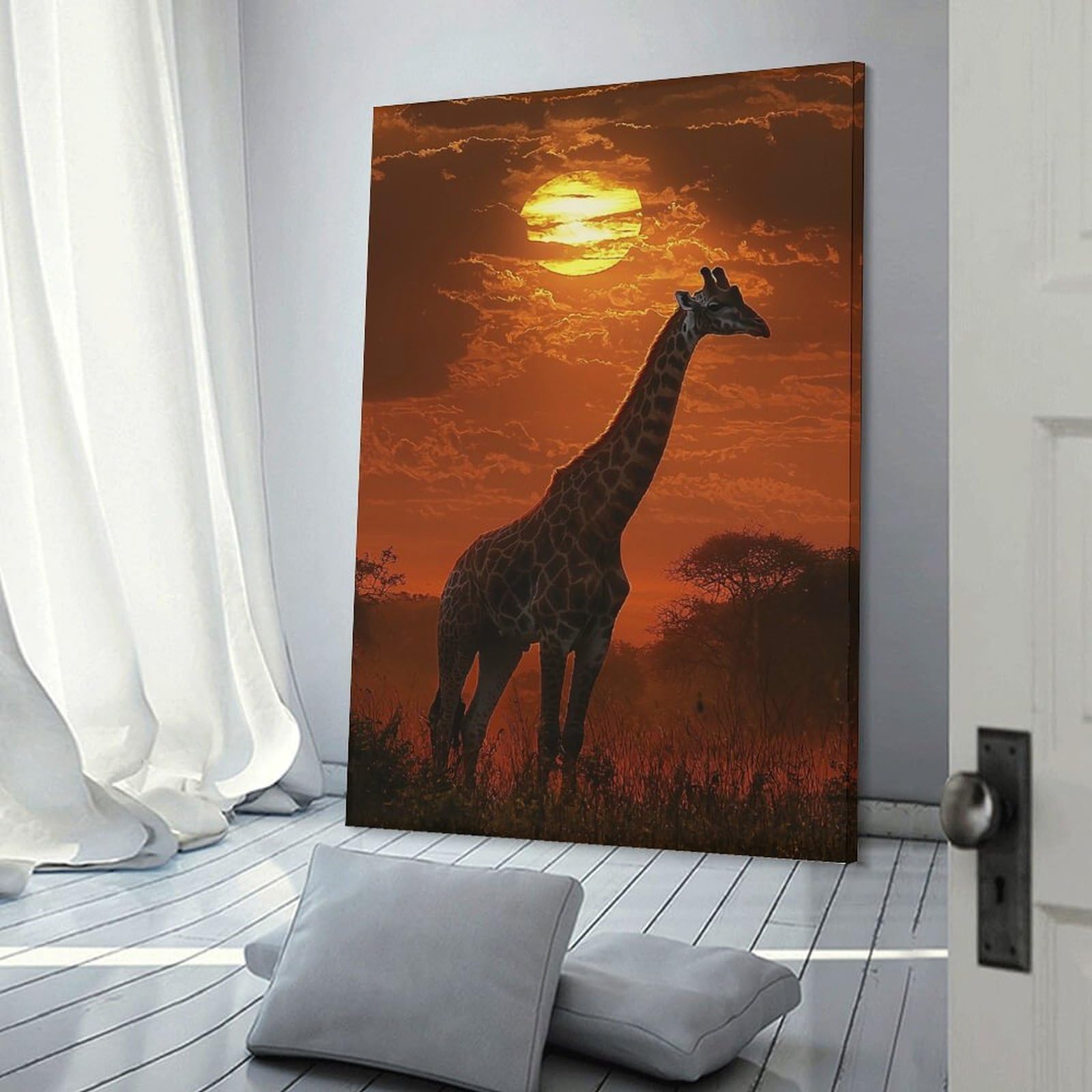 Junmoney Frame-Style-9 Giraffe Sunset Silhouette Canvas Wall Picture, 20X30inch(50X75cm), For Living Room, Bedroom Or Apartment Walls, Decorative Artwork For Empty Walls