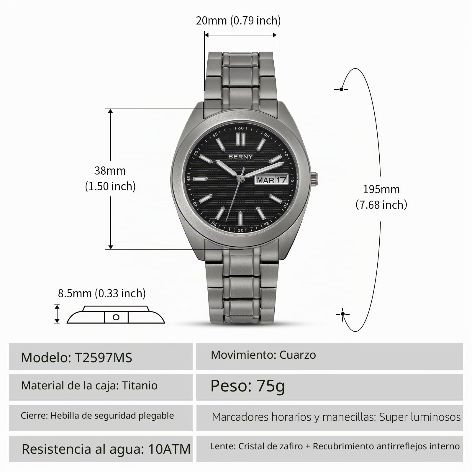 BERNY Reloj de Hombre Reloj de Titanio 10ATM Impermeable Relojes de Cuarzo Analógico Super Luminoso