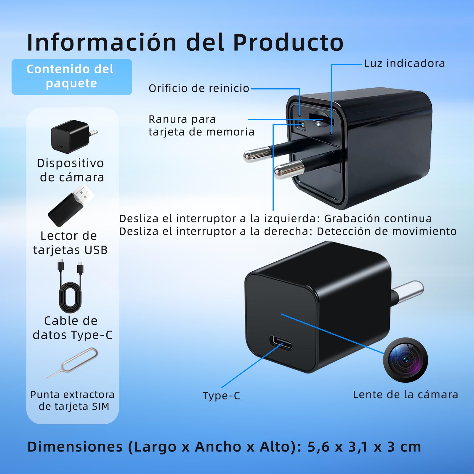 Cámara espía oculta, mini cámara, cámara niñera en alta definición 1080P,con función de detección de movimiento,apta para la vigilancia de seguridad en interiores,oficinas y otros lugares,sin Wi-Fi.