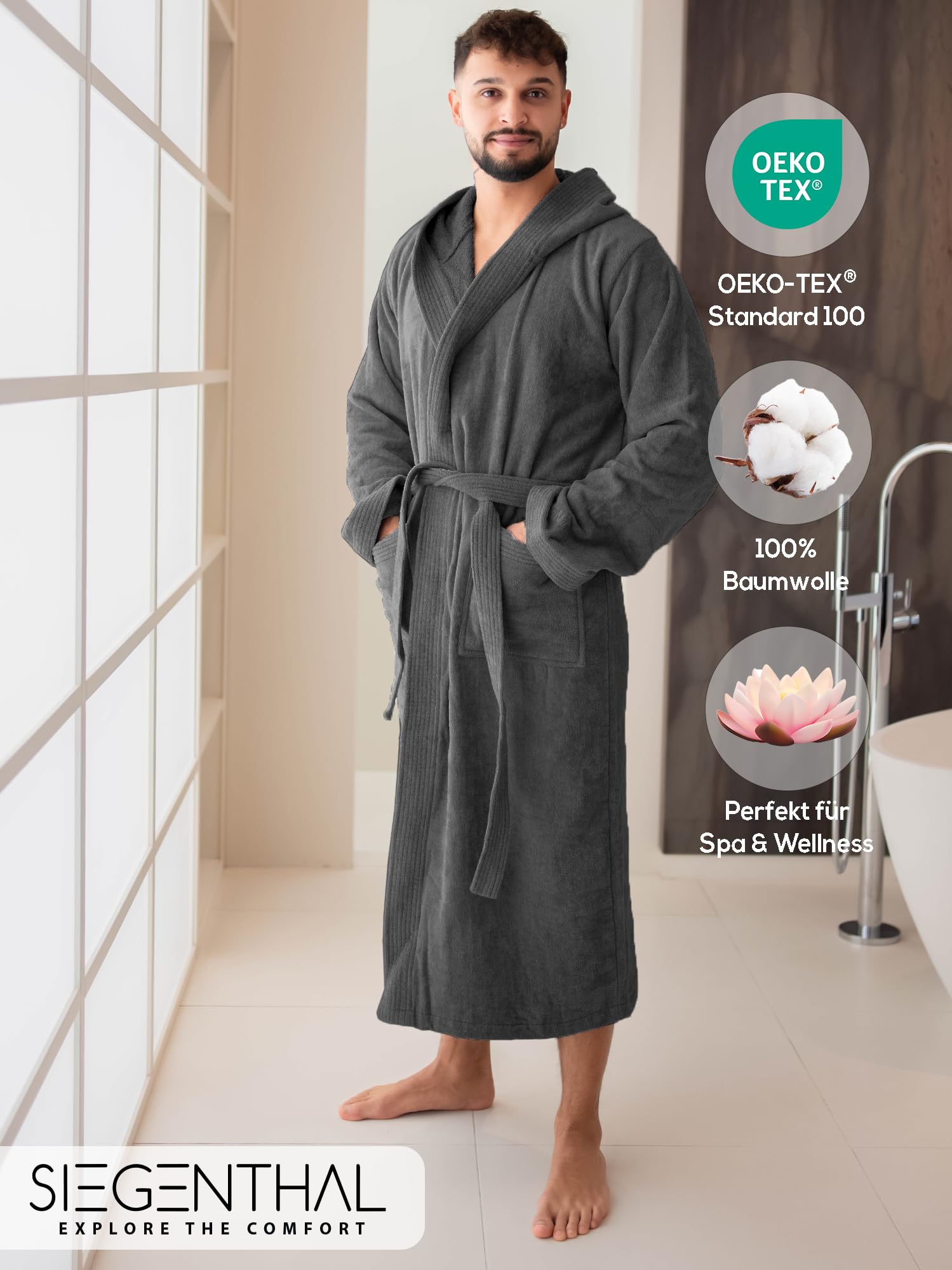 Herren Bademantel Frottee Velour 100% Baumwolle mit Kapuze Weich M bis XXL – Kuscheliger Bademantel, Soft, Waschbar, Komfortabel, Hohe Qualität
