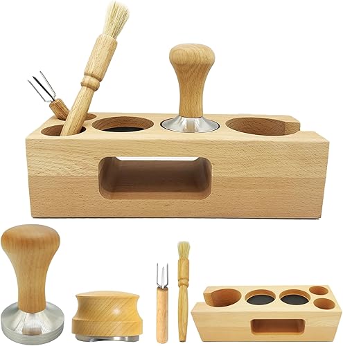 Kit de accesorios para distribuidor de manipulación de espresso, estación de tampón de filtro de café de madera con cepillo de café, distribuidor de