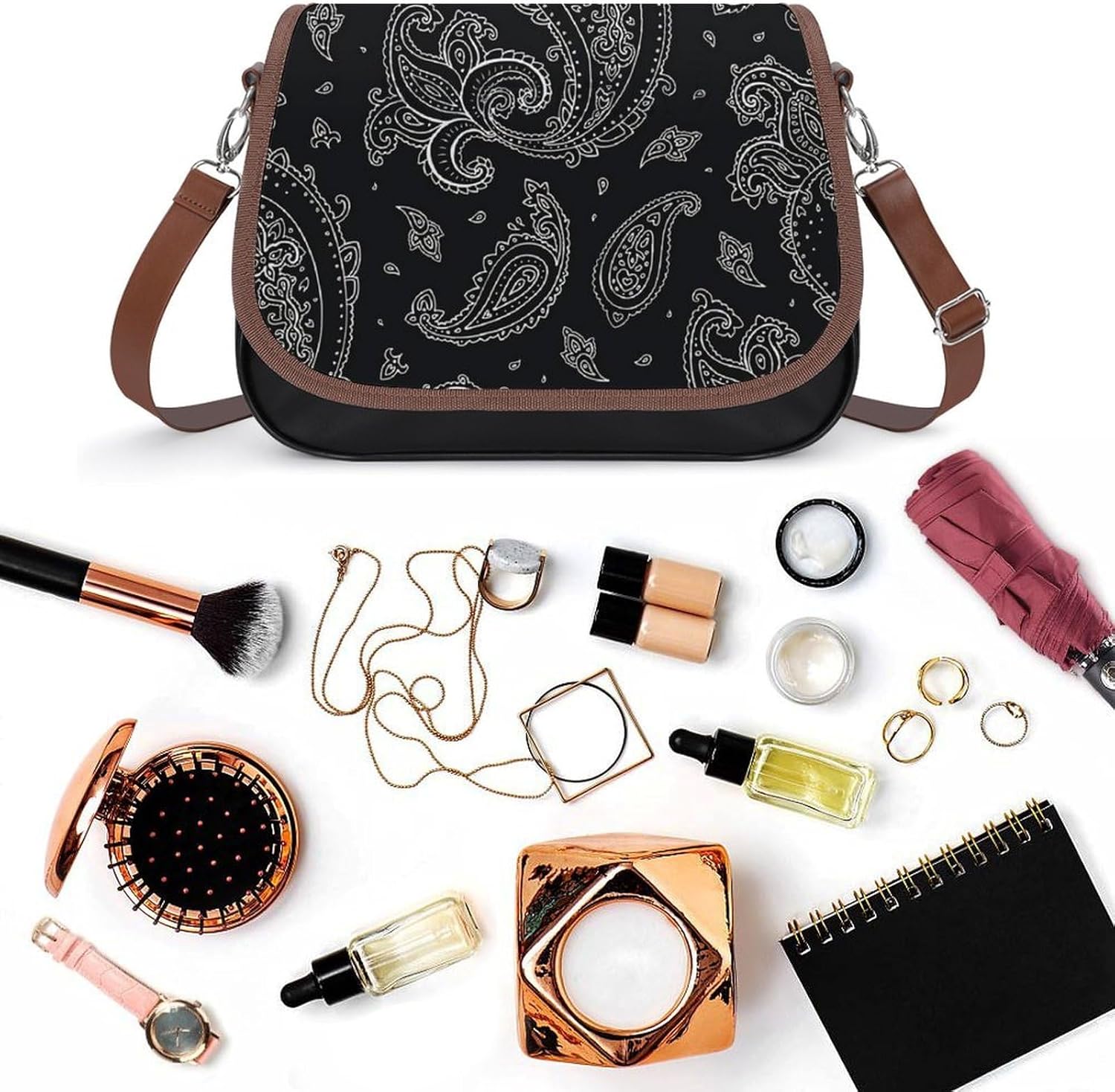 Black Paisley_63108452Women's Faux Leather Crossbody Bag, Waterproof Wrinkle-Resistant Shoulder Bag with Detachable Strap, Large Capacity Casual Handbag, Fashion Daily Purse for Shopping Work Dating,