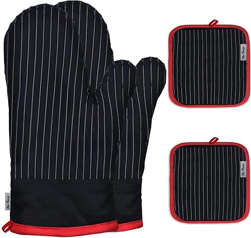 Juego de manoplas de horno y soportes para ollas, guantes de horno y agarraderas con algodón de alta resistencia al calor, extra gruesos, largos,